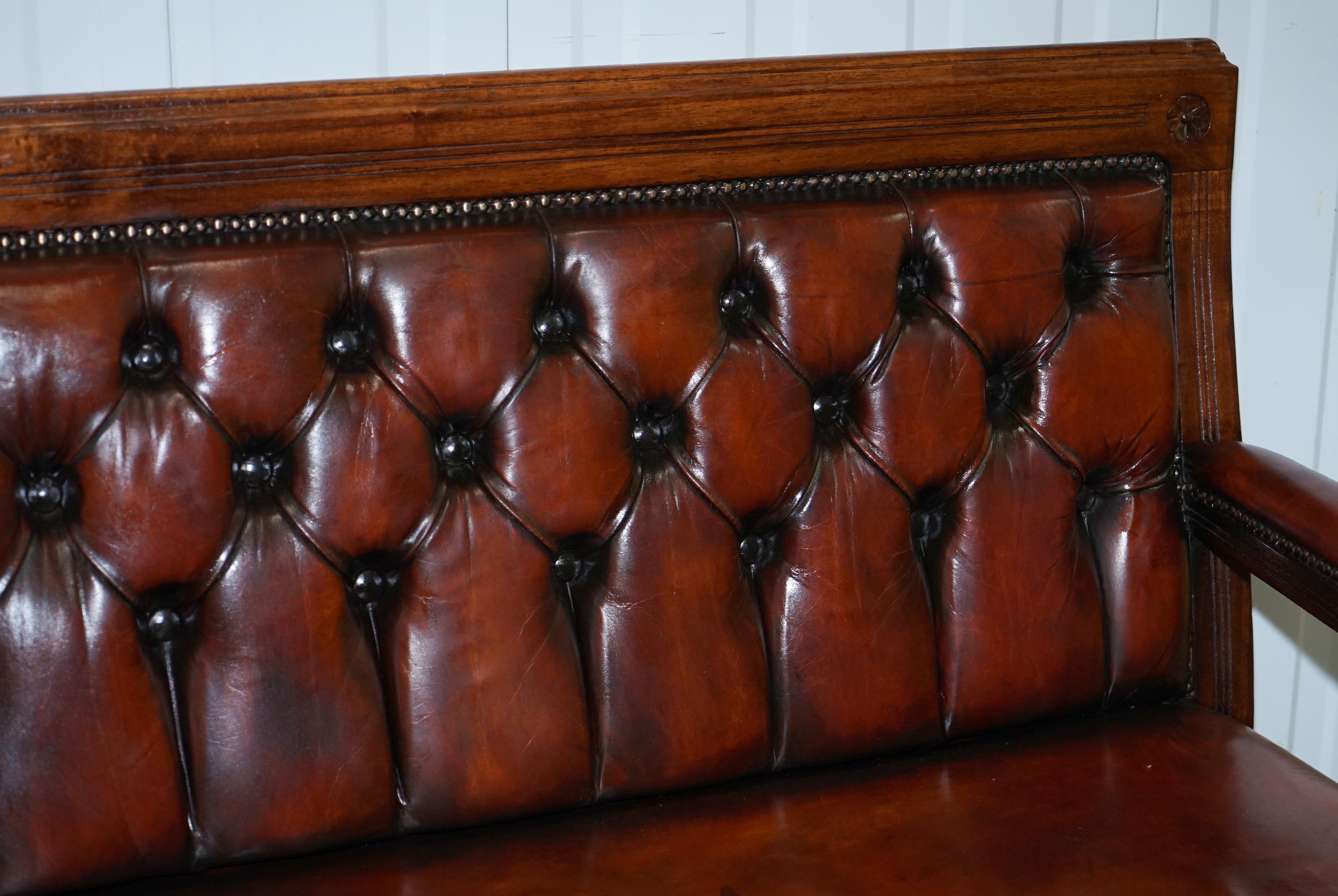 Stunning Fully Restored Chesterfield Brown Leather Mahogany Bench Part of Suite 2