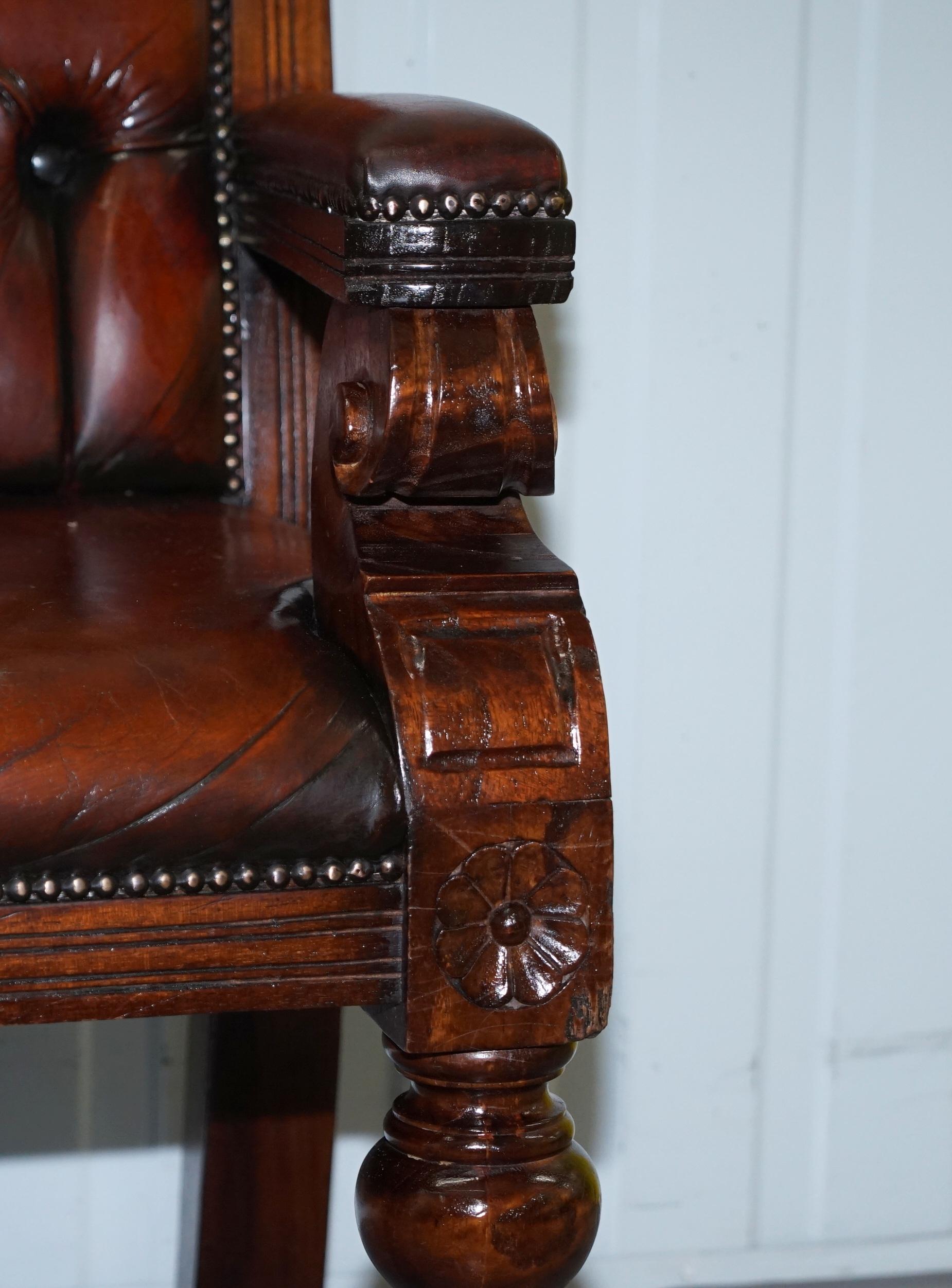 Stunning Fully Restored Chesterfield Brown Leather Mahogany Bench Part of Suite 4