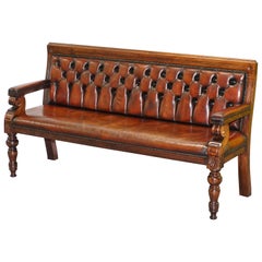 Antique Stunning Fully Restored Chesterfield Brown Leather Mahogany Bench Part of Suite