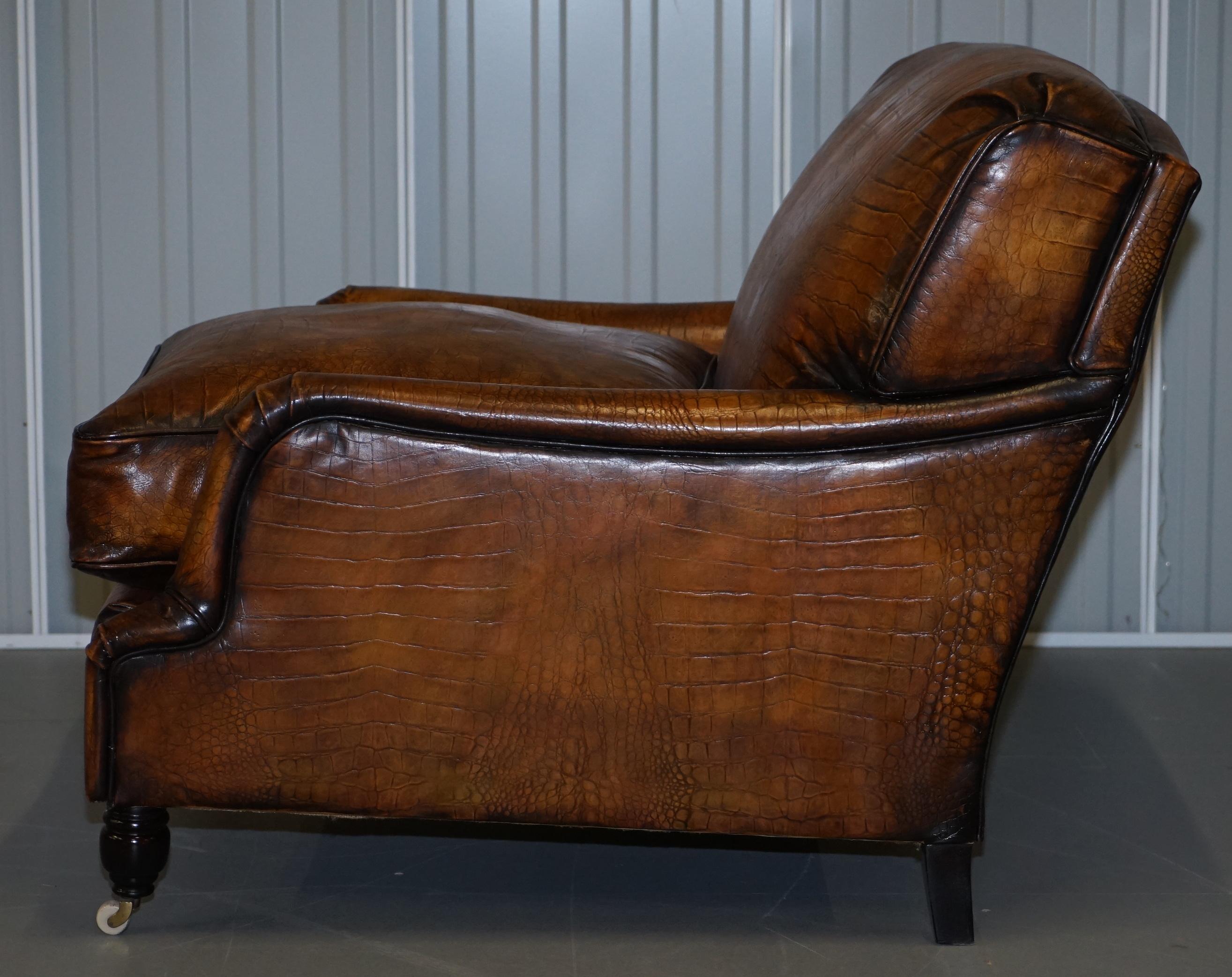 Stunning Restored Crocodile Alligator Patina Brown Leather Howard Club Armchair 8