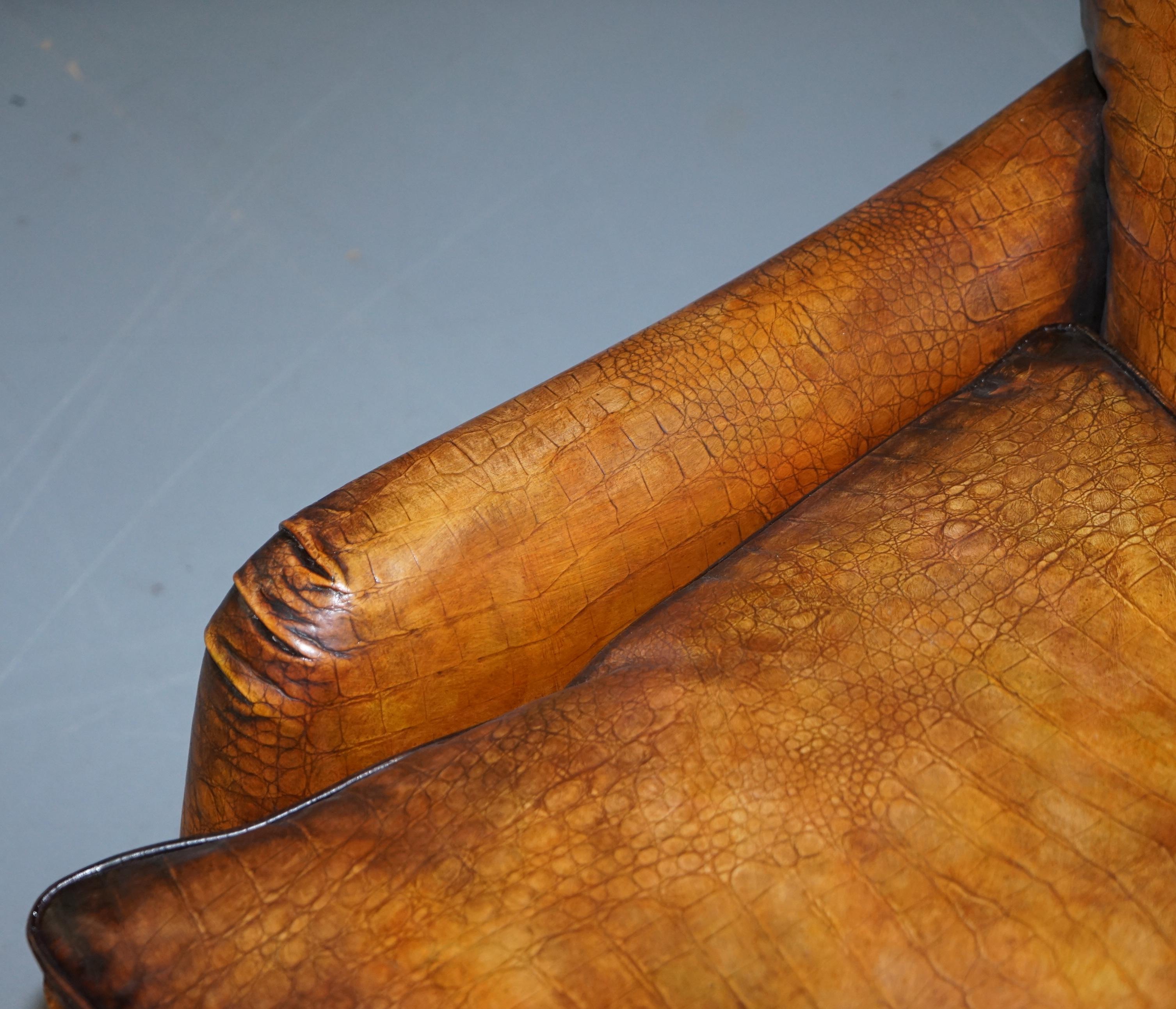 Hand-Crafted Stunning Restored Crocodile Alligator Patina Brown Leather Howard Club Armchair