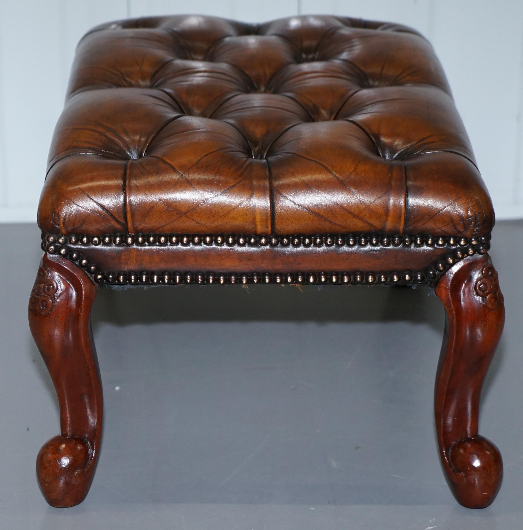 Stunning Fully Restored Hand Dyed Brown Leather Chesterfield Footstool Ornate 4
