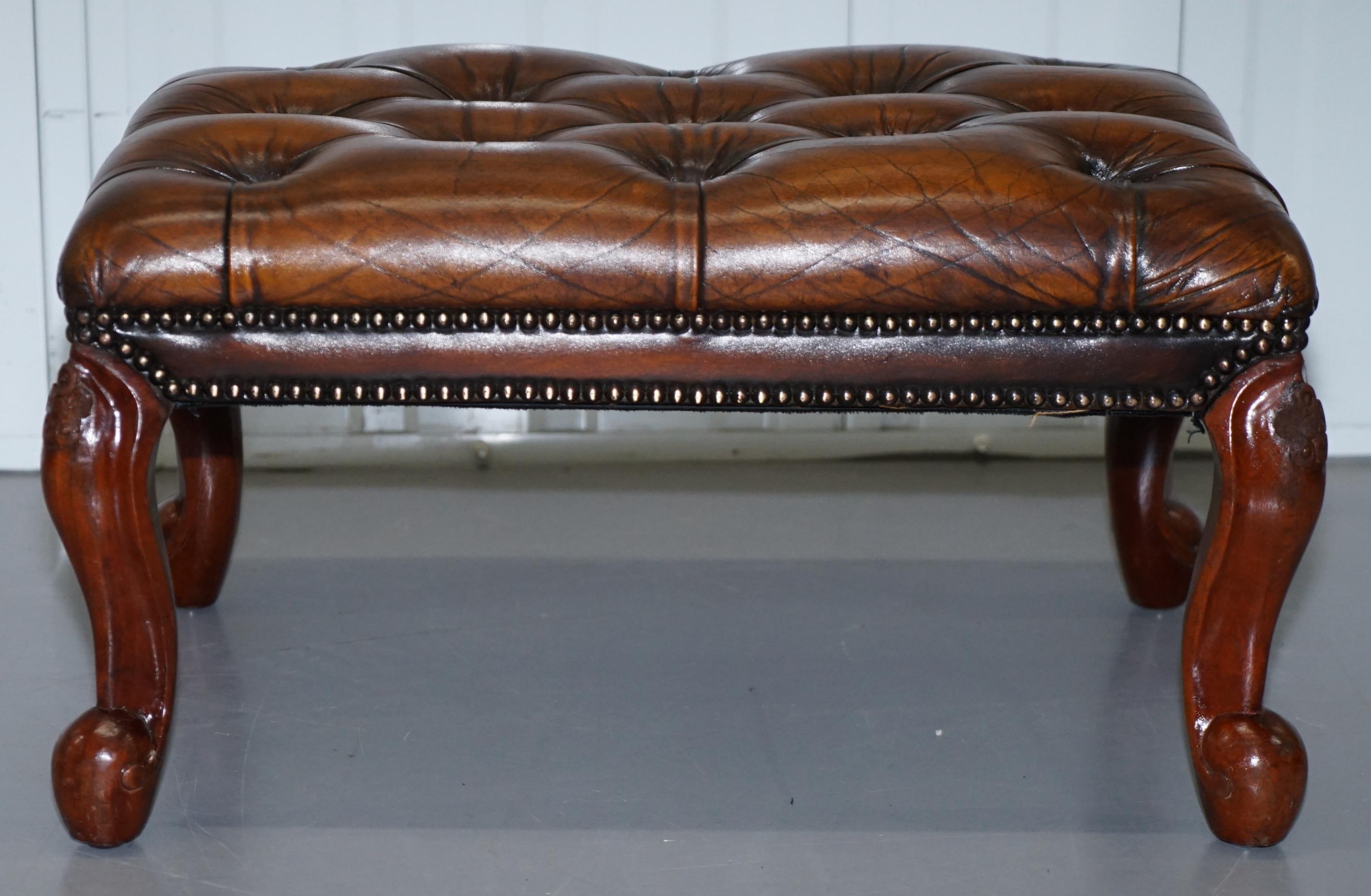 Stunning Fully Restored Hand Dyed Brown Leather Chesterfield Footstool Ornate 7
