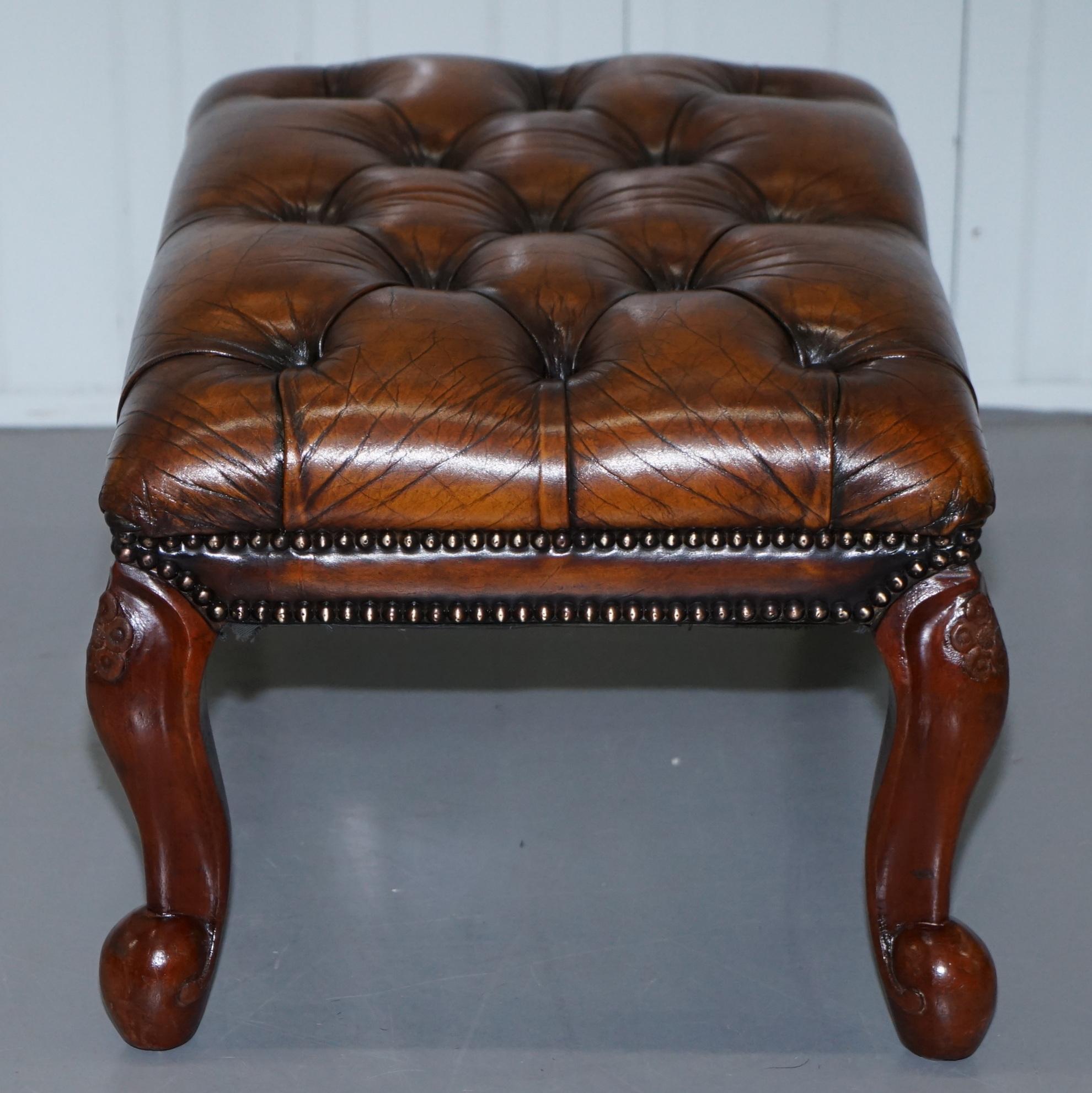 Stunning Fully Restored Hand Dyed Brown Leather Chesterfield Footstool Ornate 9