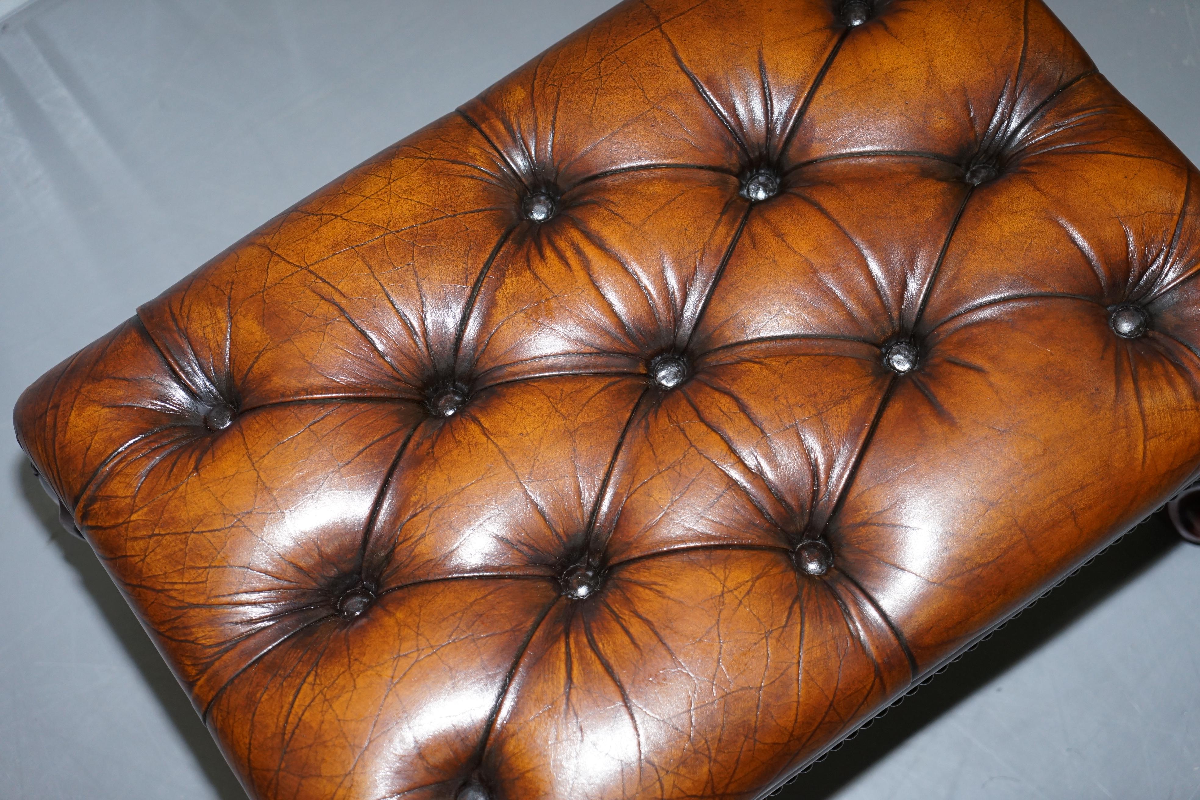 Stunning Fully Restored Hand Dyed Brown Leather Chesterfield Footstool Ornate 1