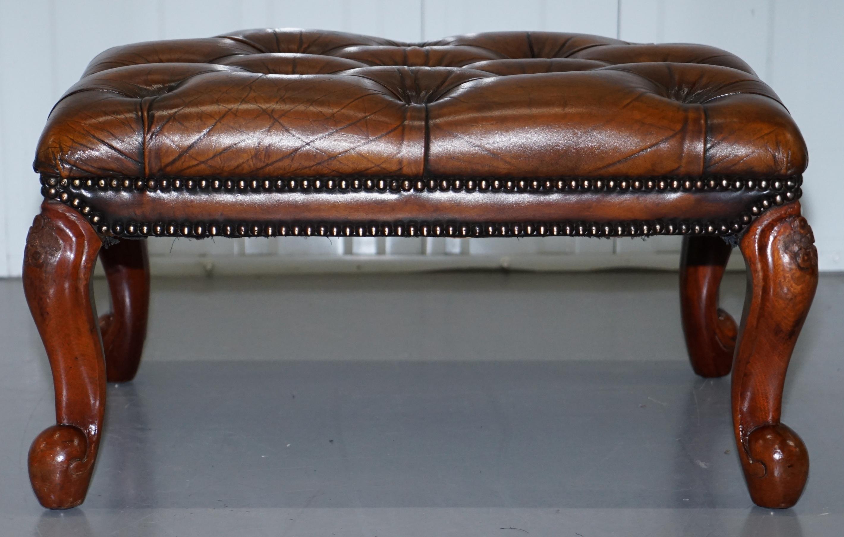 Stunning Fully Restored Hand Dyed Brown Leather Chesterfield Footstool Ornate 2