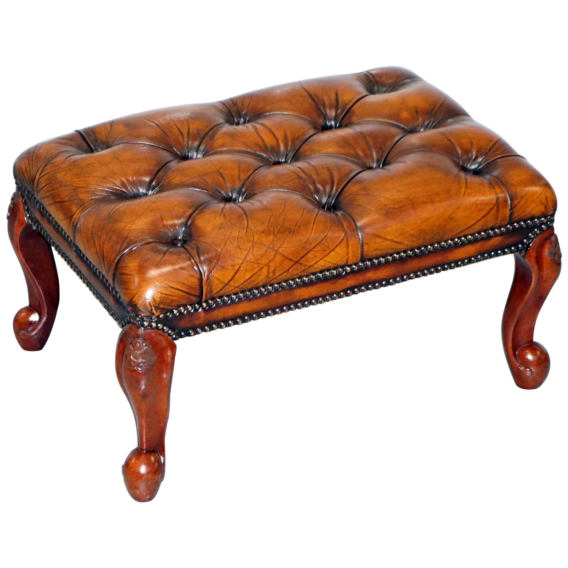 Stunning Fully Restored Hand Dyed Brown Leather Chesterfield Footstool Ornate