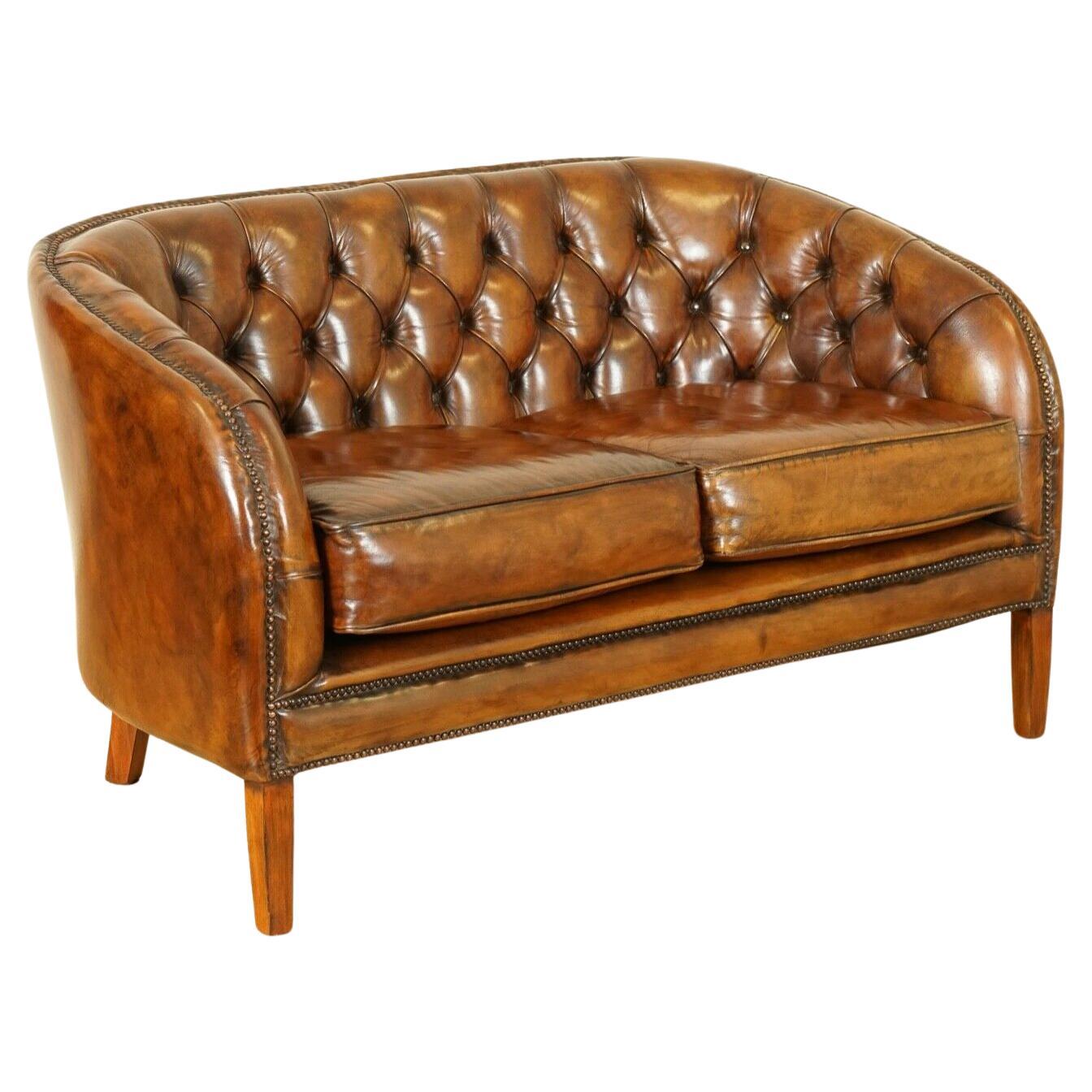 Stunning Fully Restored Hand Dyed Whiskey Brown Leather Two Seater Sofa