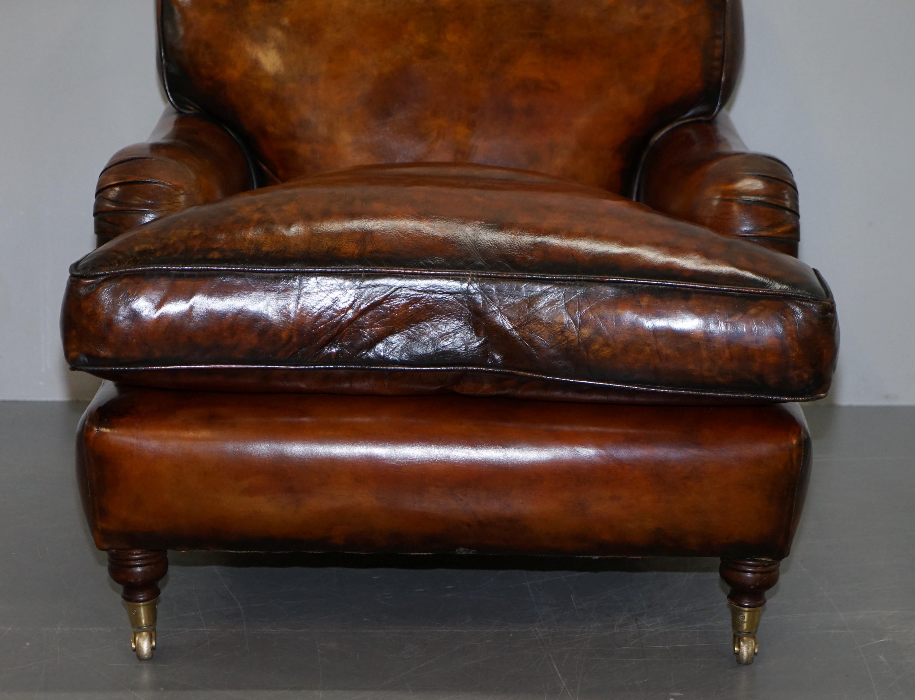 Stunning Fully Restored Vintage Aged Brown Leather Howard Scroll Club Armchair 4