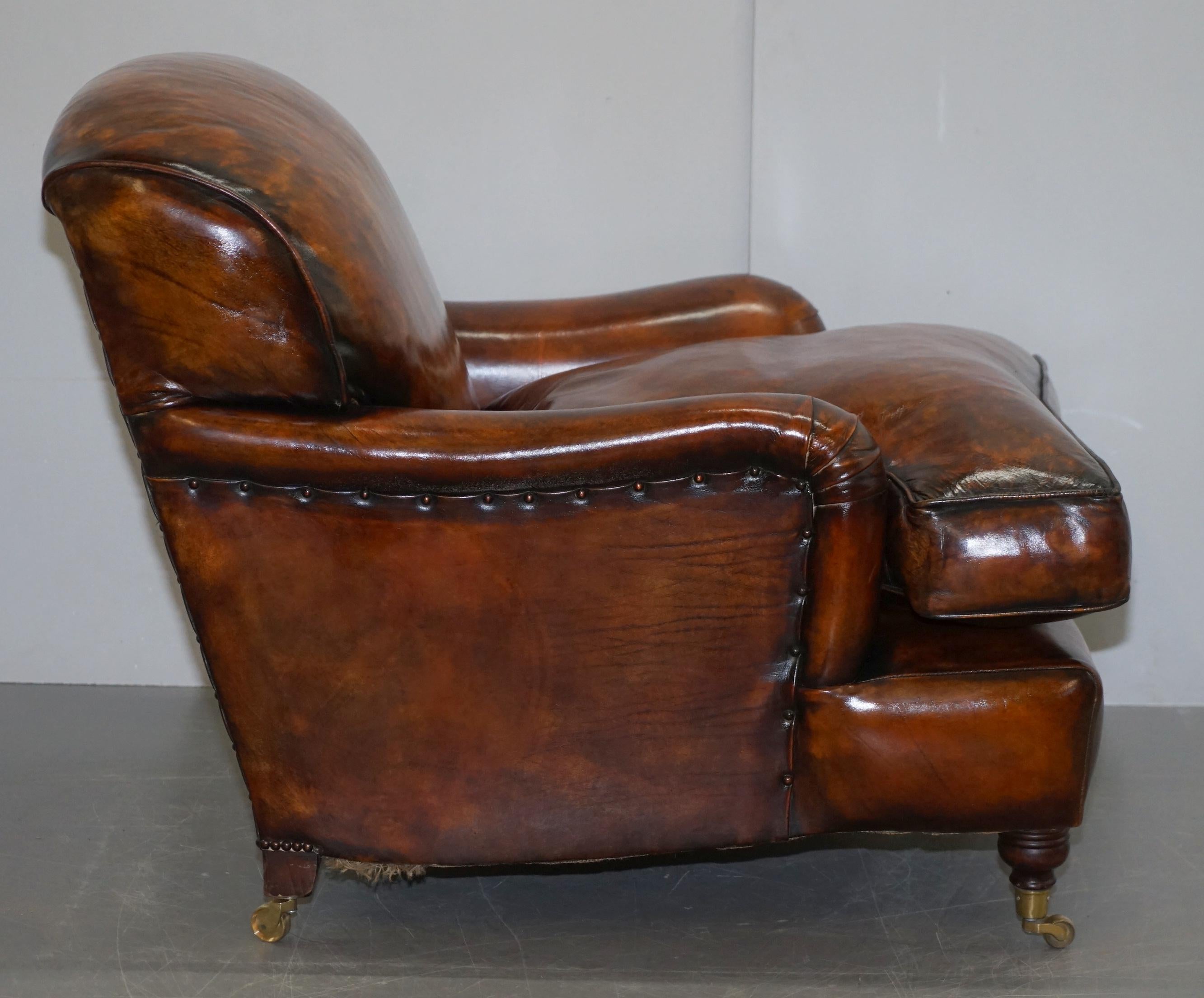 Stunning Fully Restored Vintage Aged Brown Leather Howard Scroll Club Armchair 7