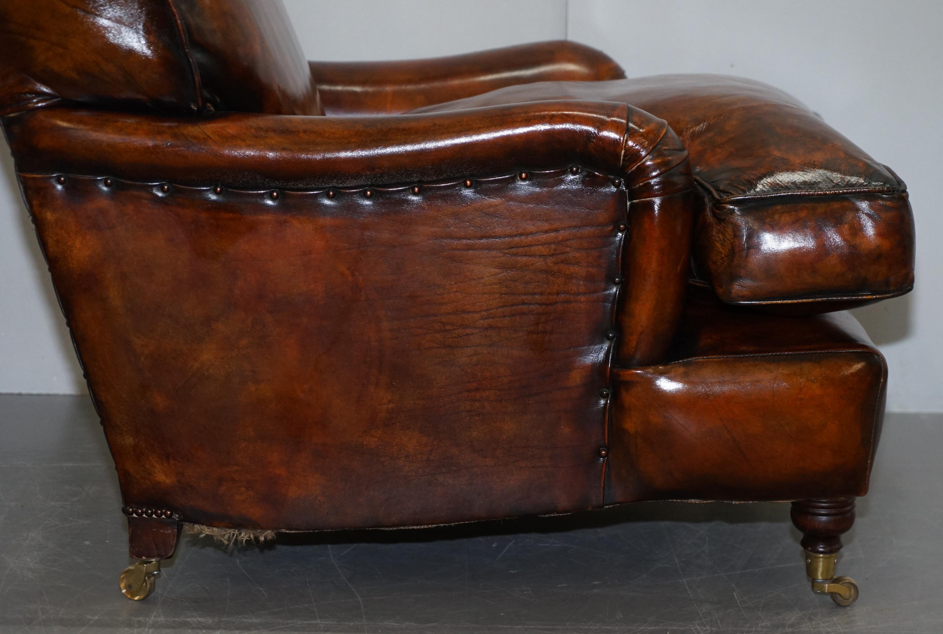 Stunning Fully Restored Vintage Aged Brown Leather Howard Scroll Club Armchair 8
