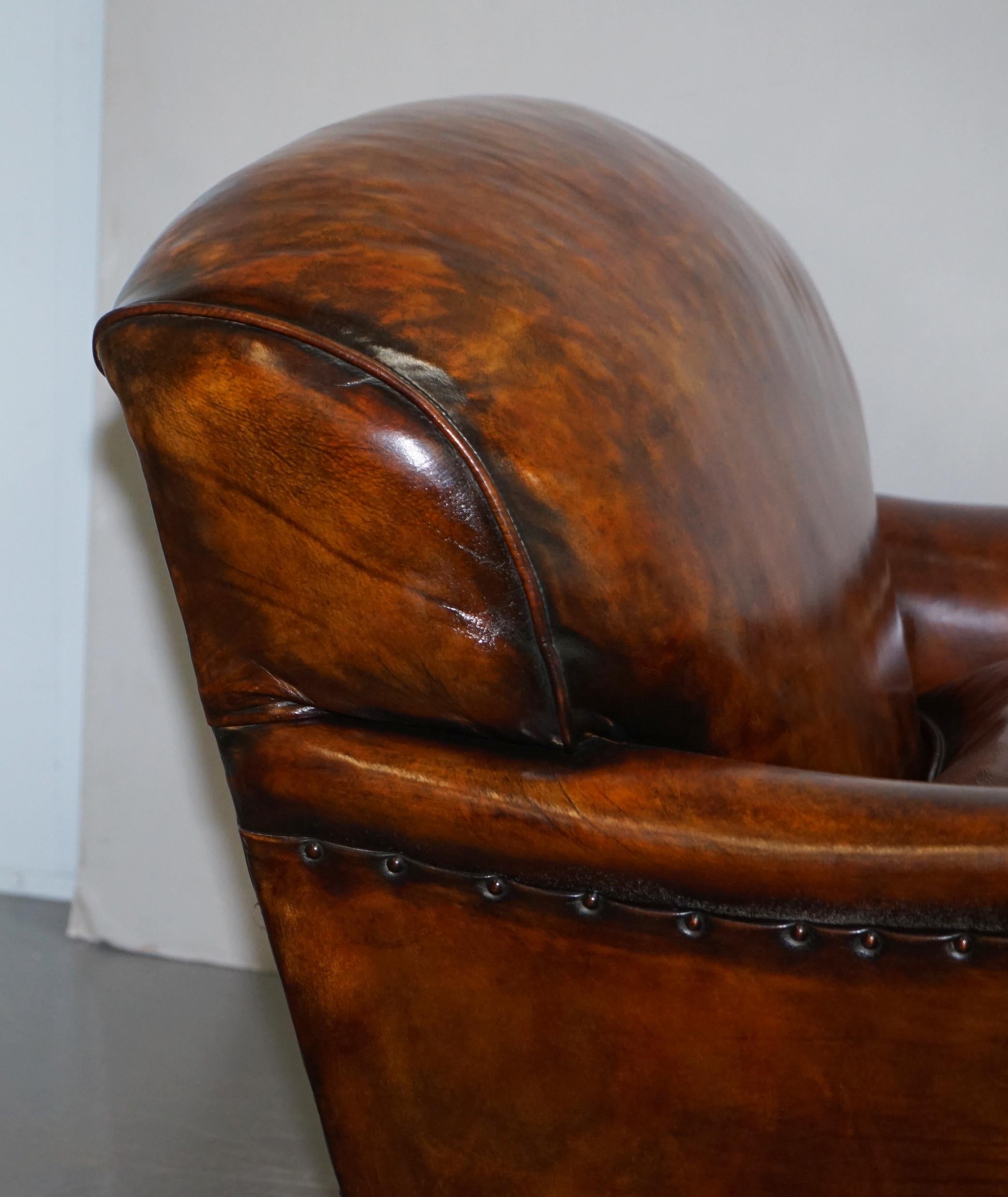 Stunning Fully Restored Vintage Aged Brown Leather Howard Scroll Club Armchair 9