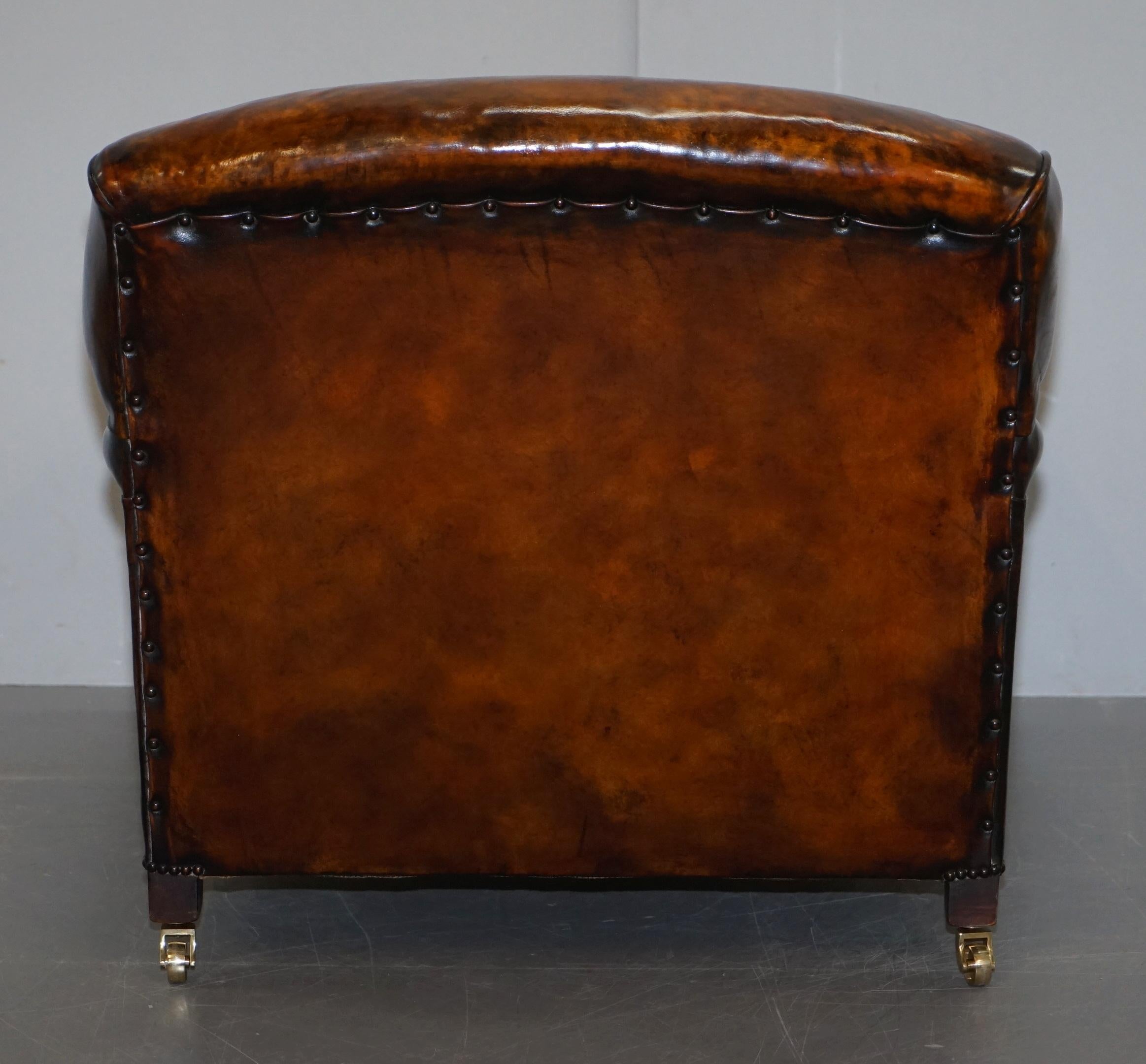 Stunning Fully Restored Vintage Aged Brown Leather Howard Scroll Club Armchair 10