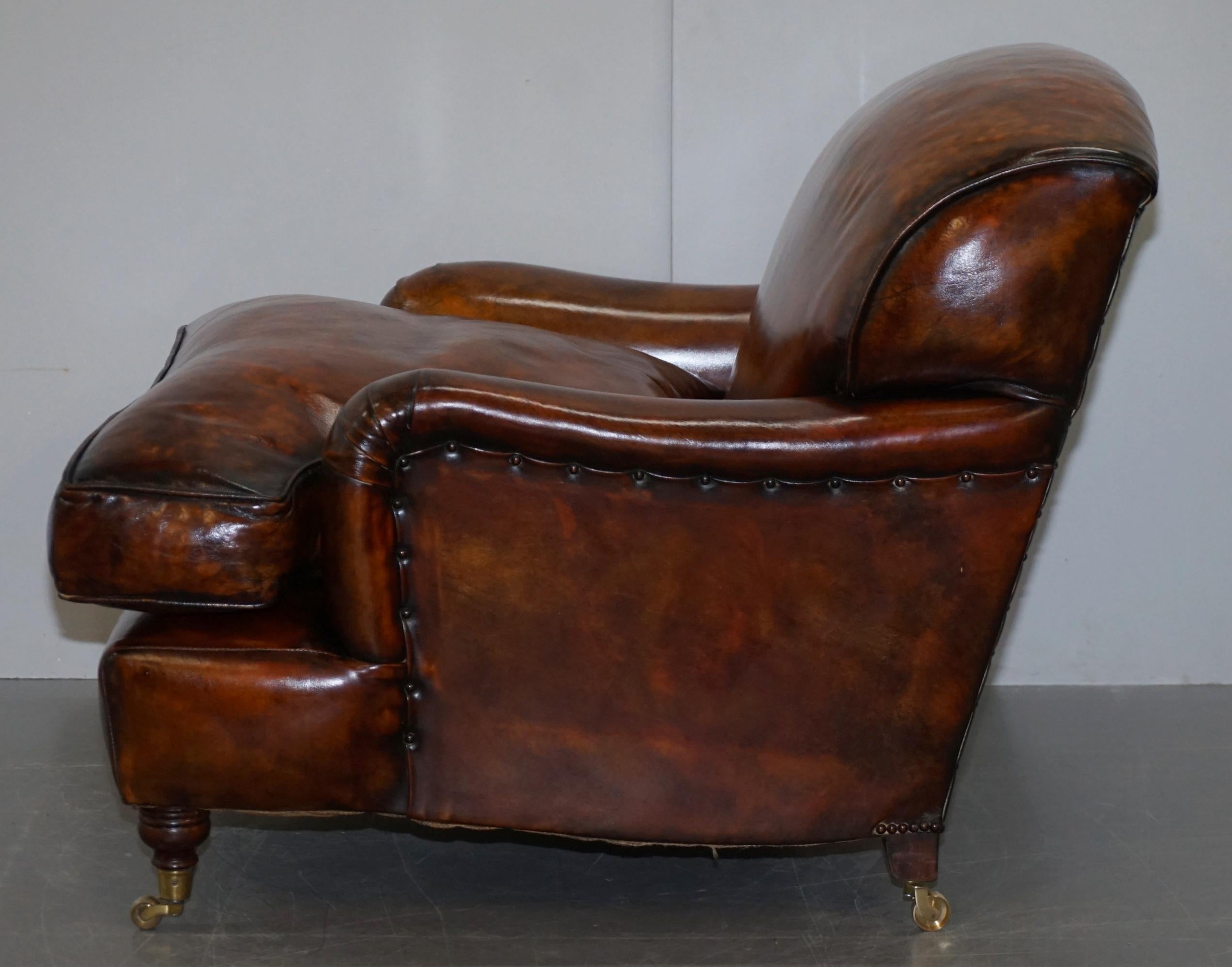 Stunning Fully Restored Vintage Aged Brown Leather Howard Scroll Club Armchair 12