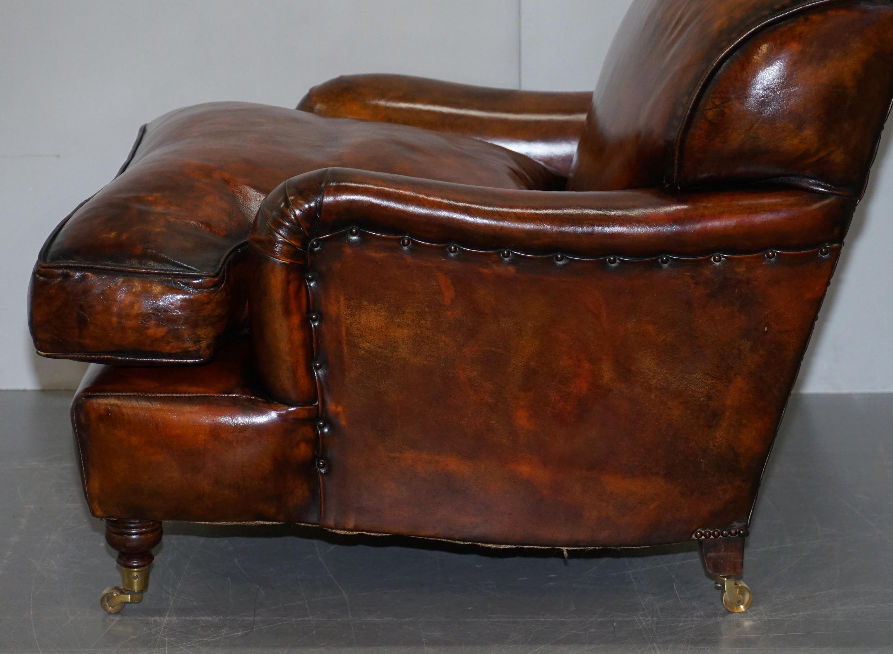 Stunning Fully Restored Vintage Aged Brown Leather Howard Scroll Club Armchair 13