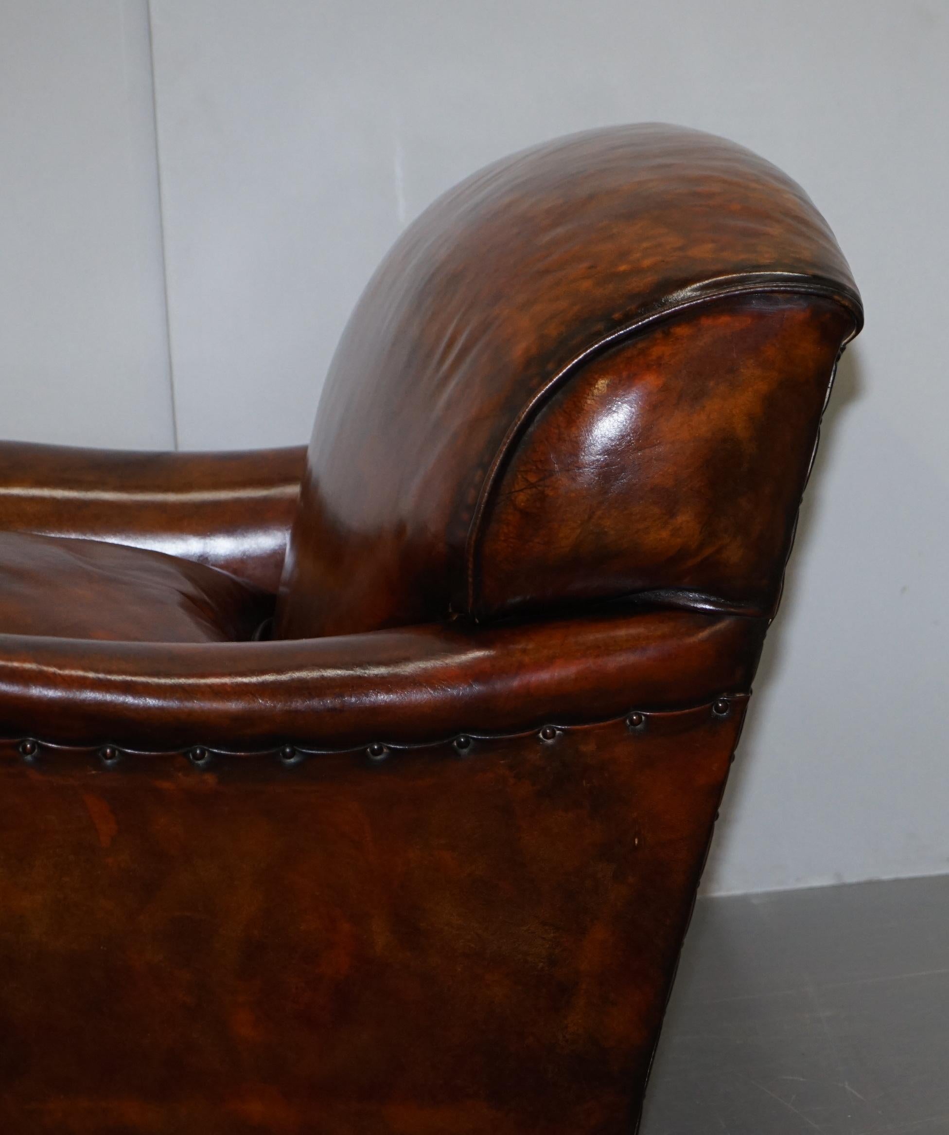 Stunning Fully Restored Vintage Aged Brown Leather Howard Scroll Club Armchair 14