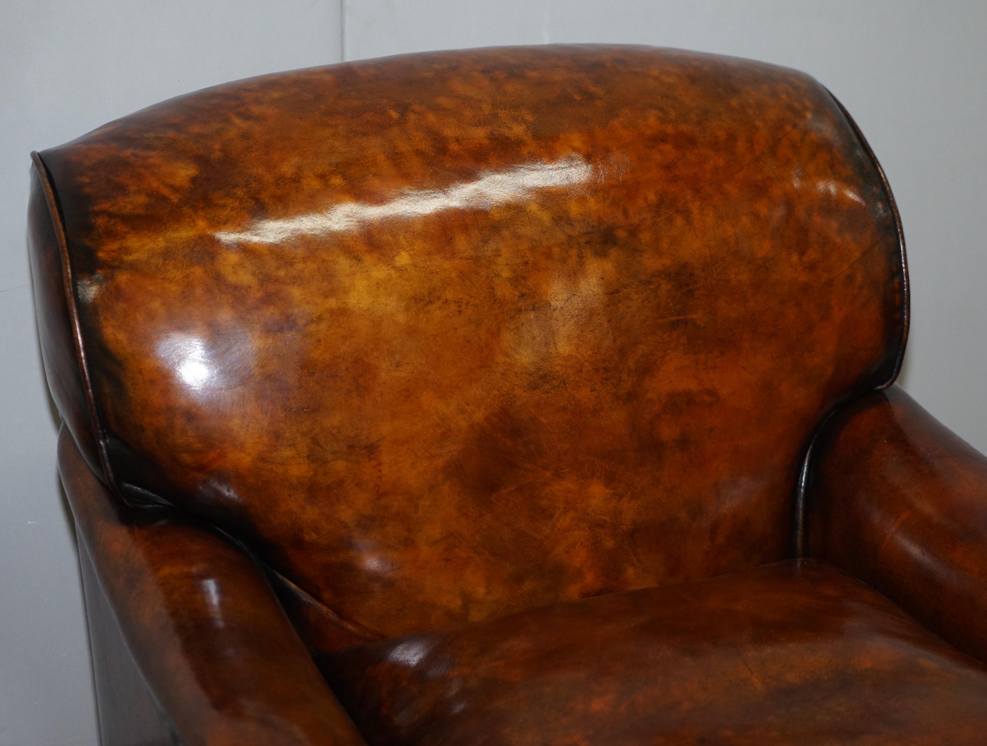 English Stunning Fully Restored Vintage Aged Brown Leather Howard Scroll Club Armchair