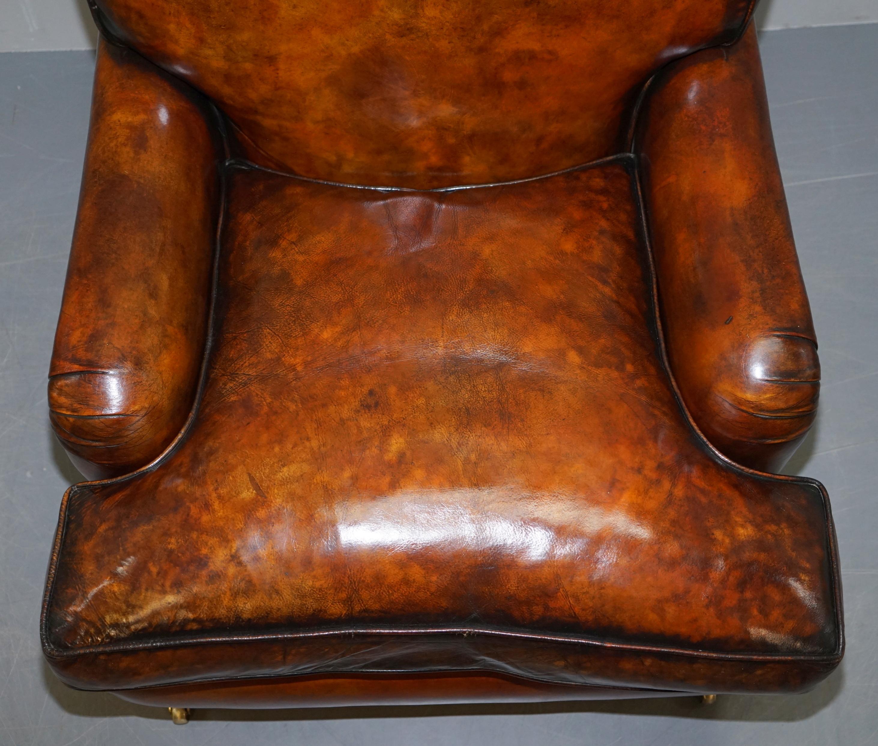 Stunning Fully Restored Vintage Aged Brown Leather Howard Scroll Club Armchair 1