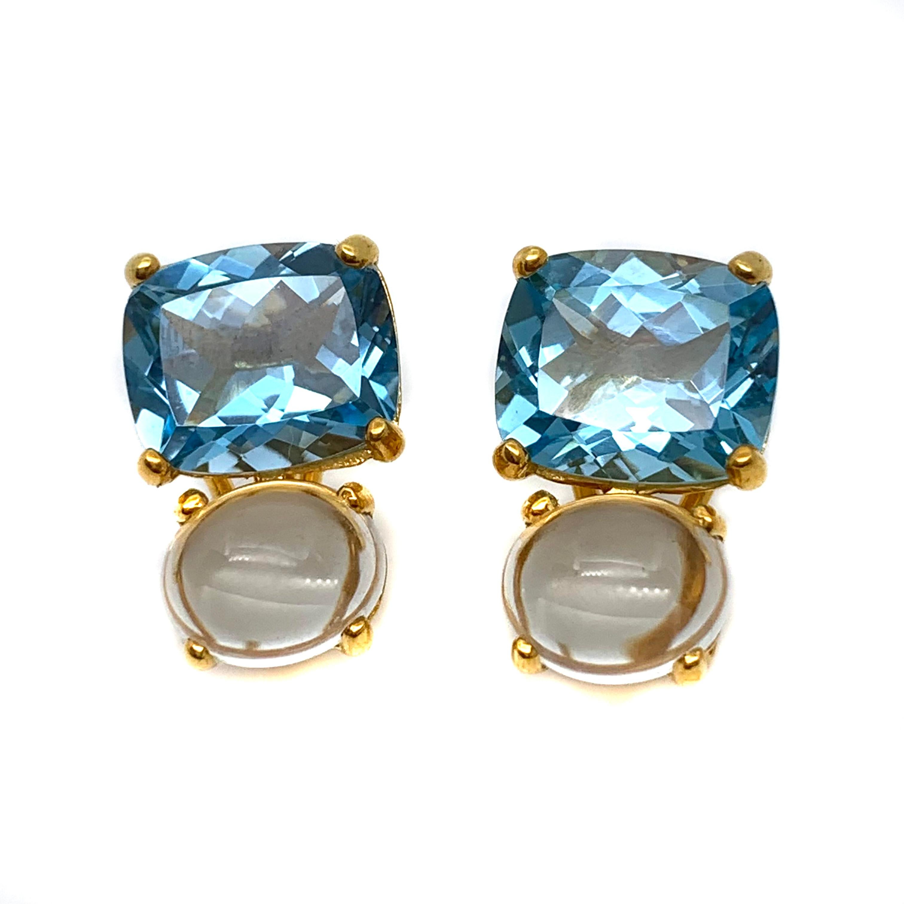 These stunning pair of earrings features a pair of genuine cushion-cut sky blue topaz with crystal clear cabochon-cut oval prasiolite, handset in 18k yellow gold vermeil over sterling silver. The facet and cabochon combination creates beautiful