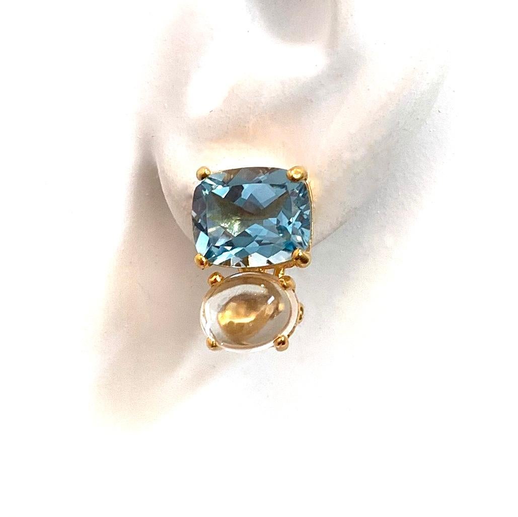 Stunning genuine Cushion-cut Blue Topaz and Oval Prasiolite Vermeil Earrings In New Condition In Los Angeles, CA