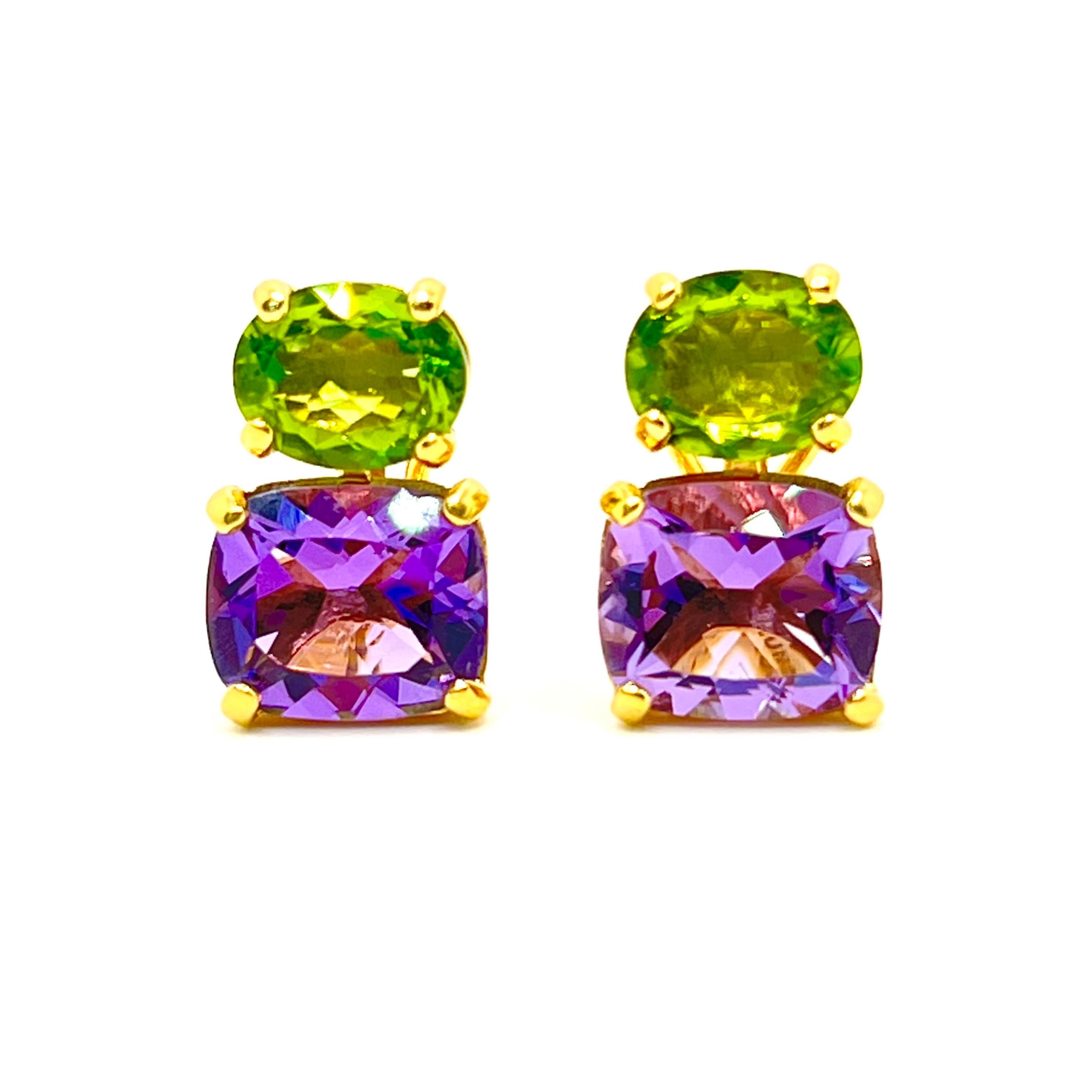 These stunning pair of earrings features a pair of genuine oval green peridot with cushion-cut amethyst, handset in 18k yellow gold vermeil over sterling silver. The green and purple combination just look so beautiful together! Straight post with