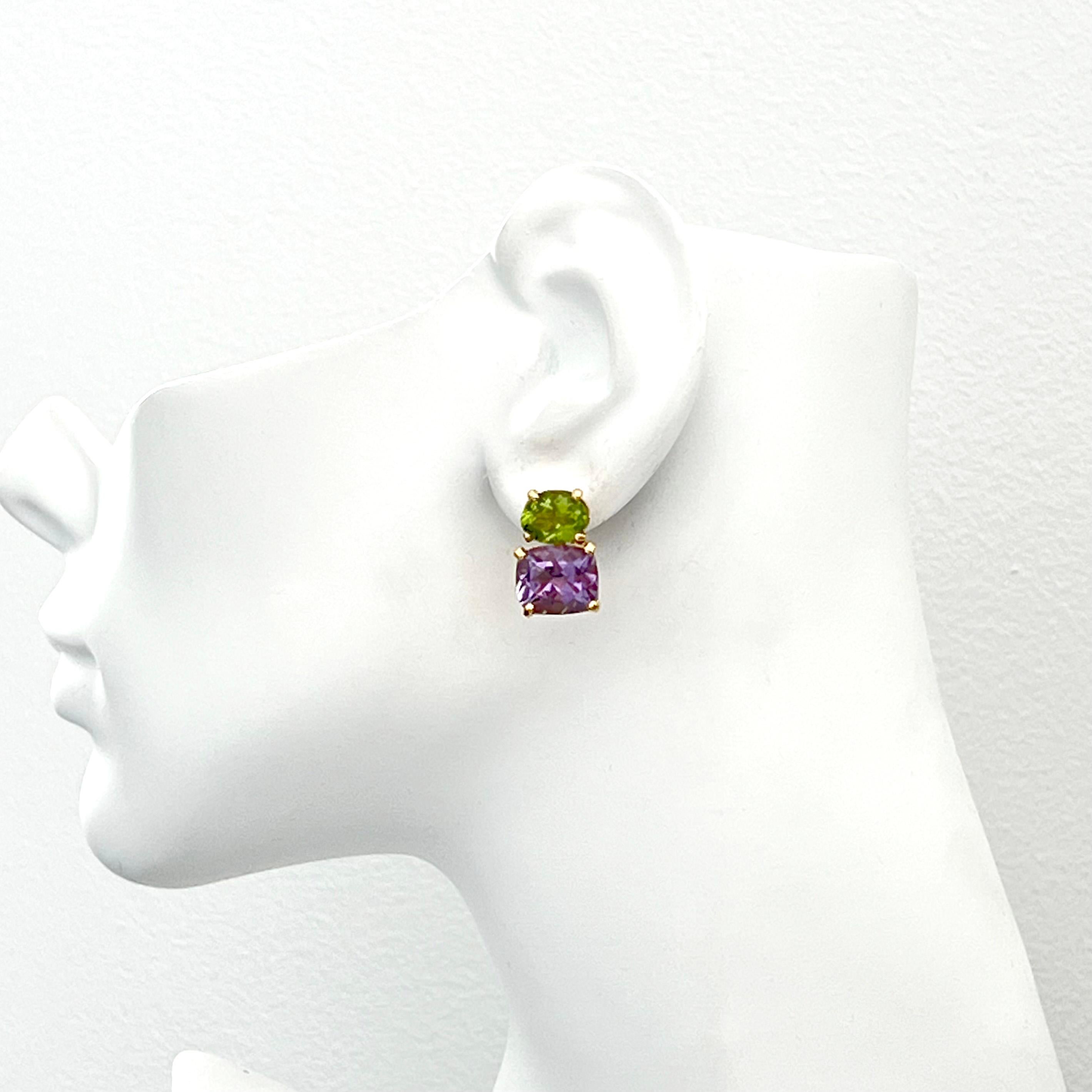 Stunning Genuine Oval Peridot and Cushion-cut Amethyst Vermeil Earrings In New Condition For Sale In Los Angeles, CA