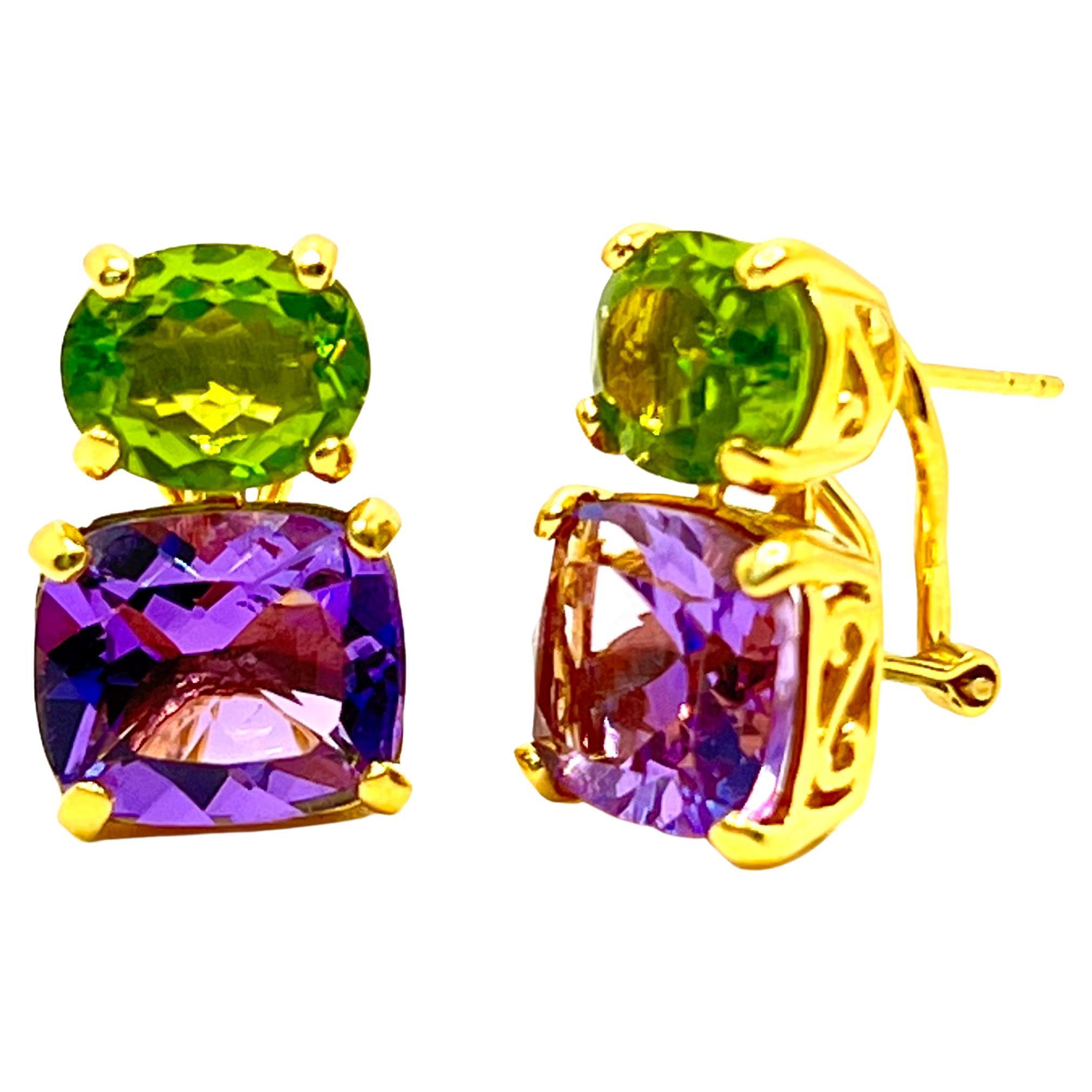 Stunning Genuine Oval Peridot and Cushion-cut Amethyst Vermeil Earrings For Sale