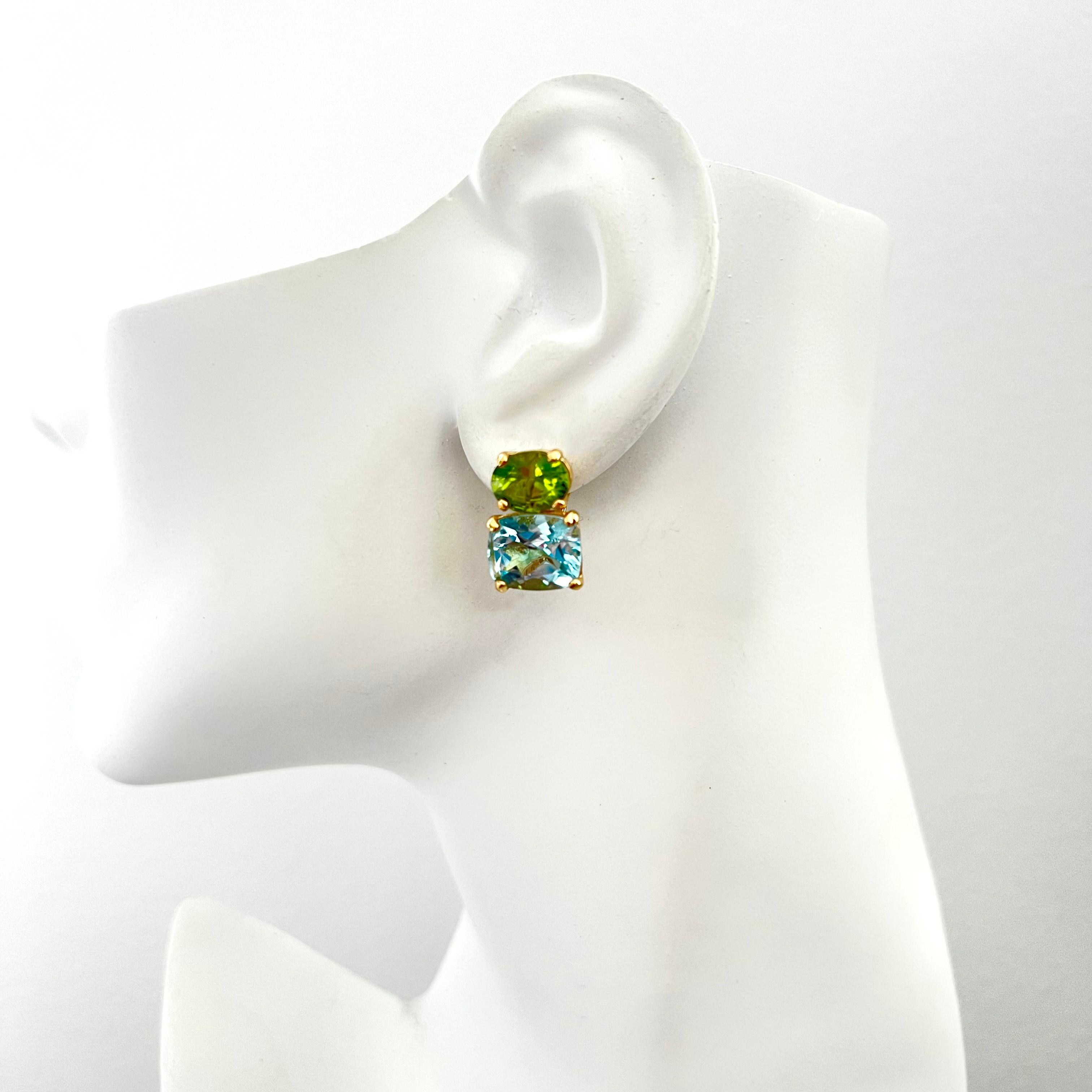 Contemporary Stunning Genuine Oval Peridot and Cushion-cut Blue Topaz Vermeil Earrings For Sale