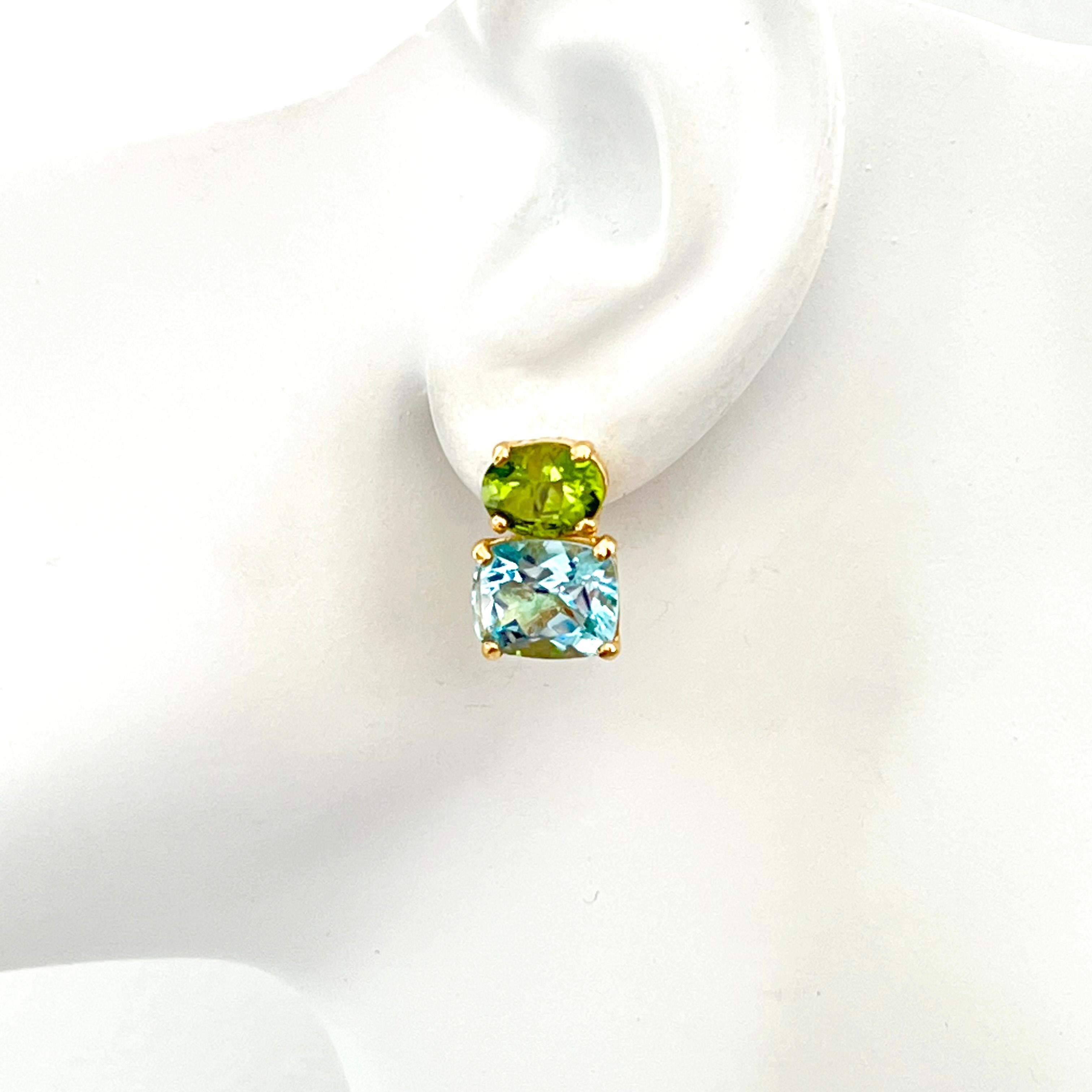 Contemporary Stunning Genuine Oval Peridot and Cushion-cut Blue Topaz Vermeil Earrings For Sale