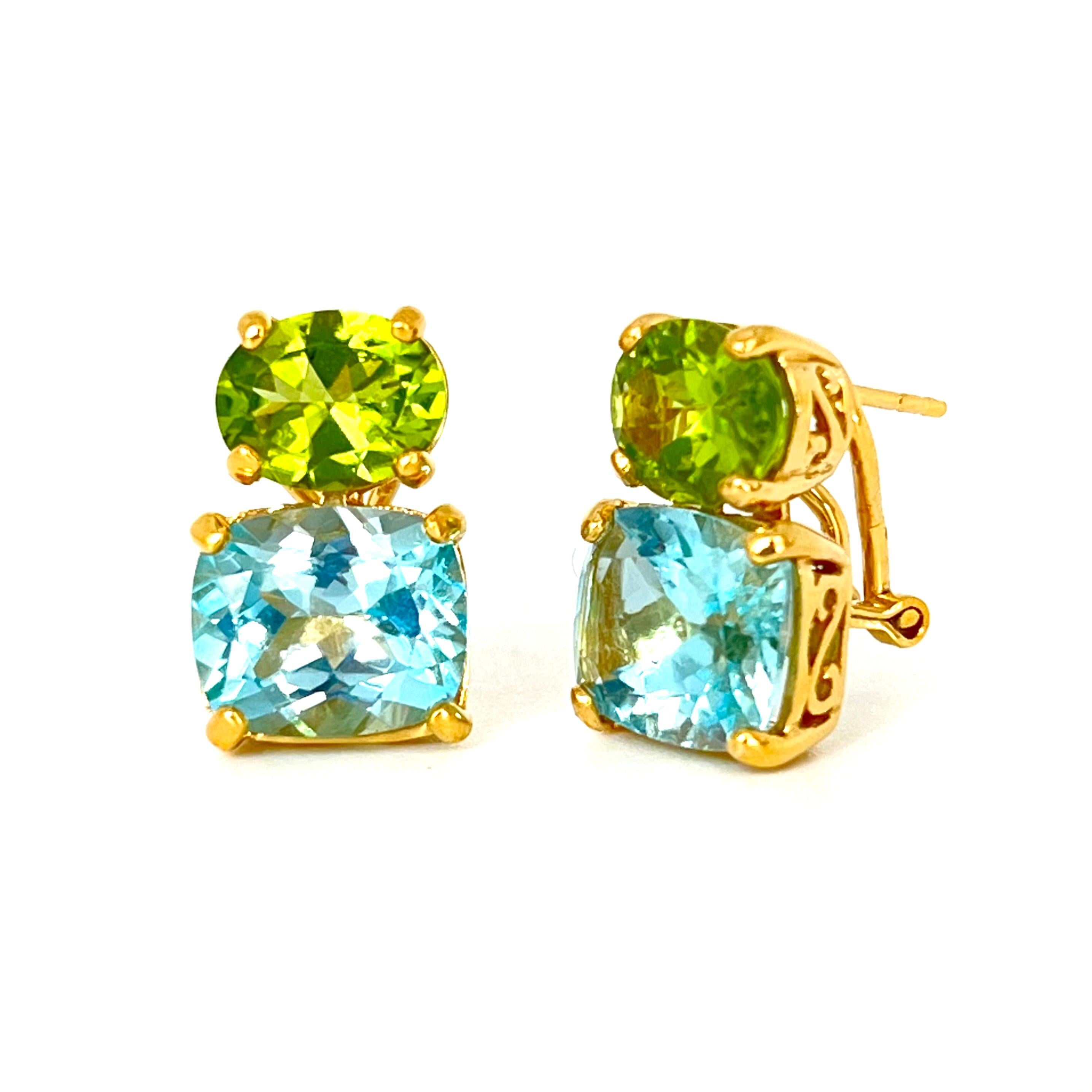 Stunning Genuine Oval Peridot and Cushion-cut Blue Topaz Vermeil Earrings In New Condition For Sale In Los Angeles, CA