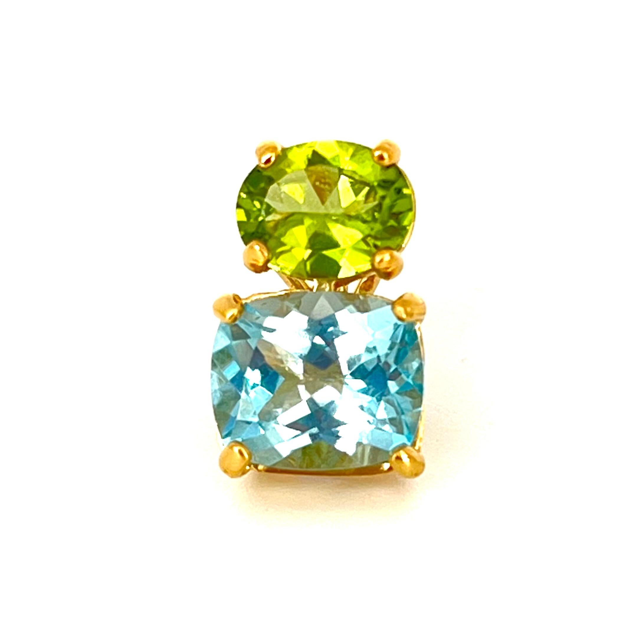 Stunning Genuine Oval Peridot and Cushion-cut Blue Topaz Vermeil Earrings In New Condition For Sale In Los Angeles, CA