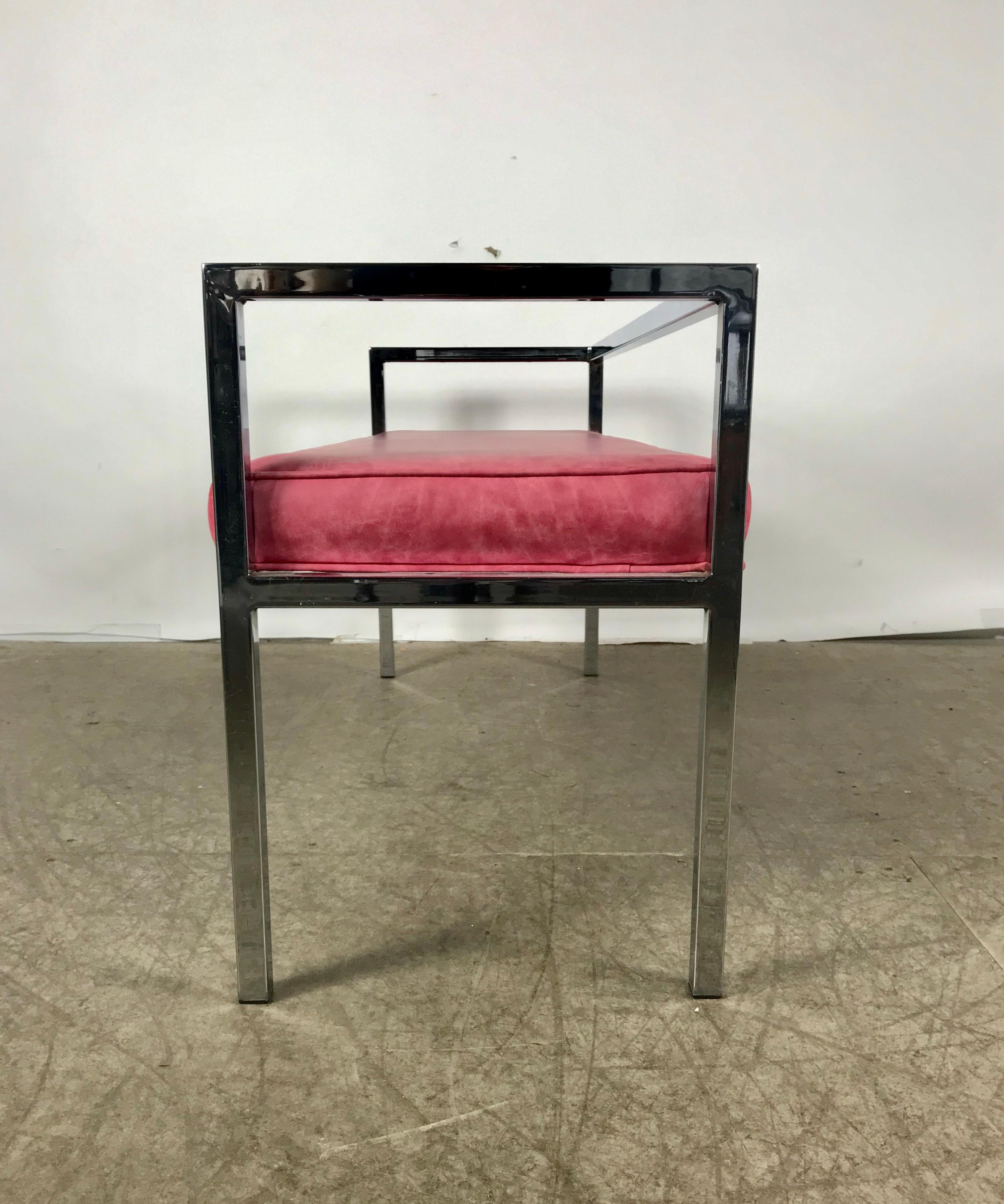 Stunning geometric even arm chrome bench after Milo Boughman, Classic 1960s design, retains original coral or pink Naugahyde upholstered seat.