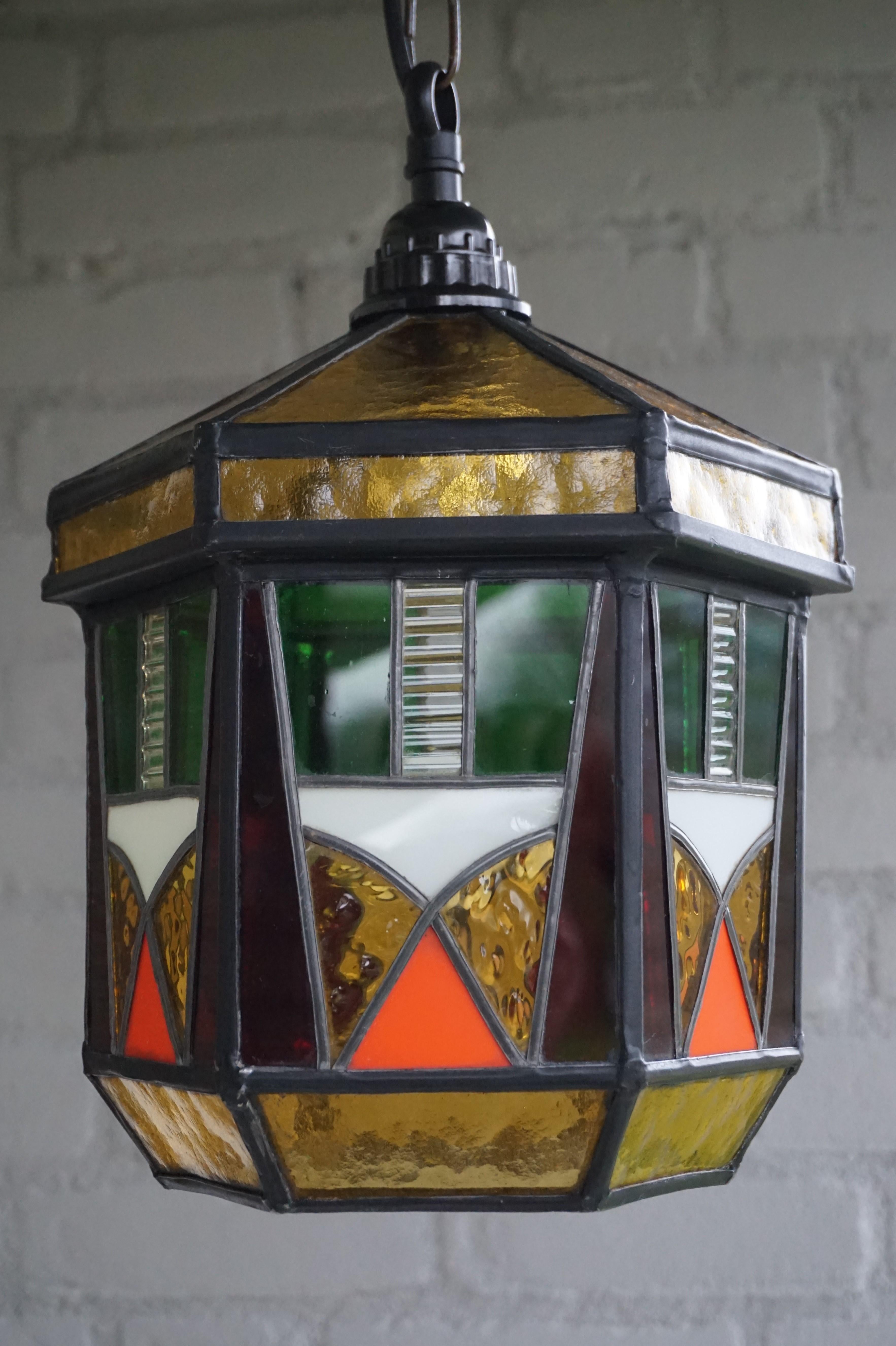 Blackened Stunning Geometrical Design and Great Colors, Art Deco Pendant Light Fixture