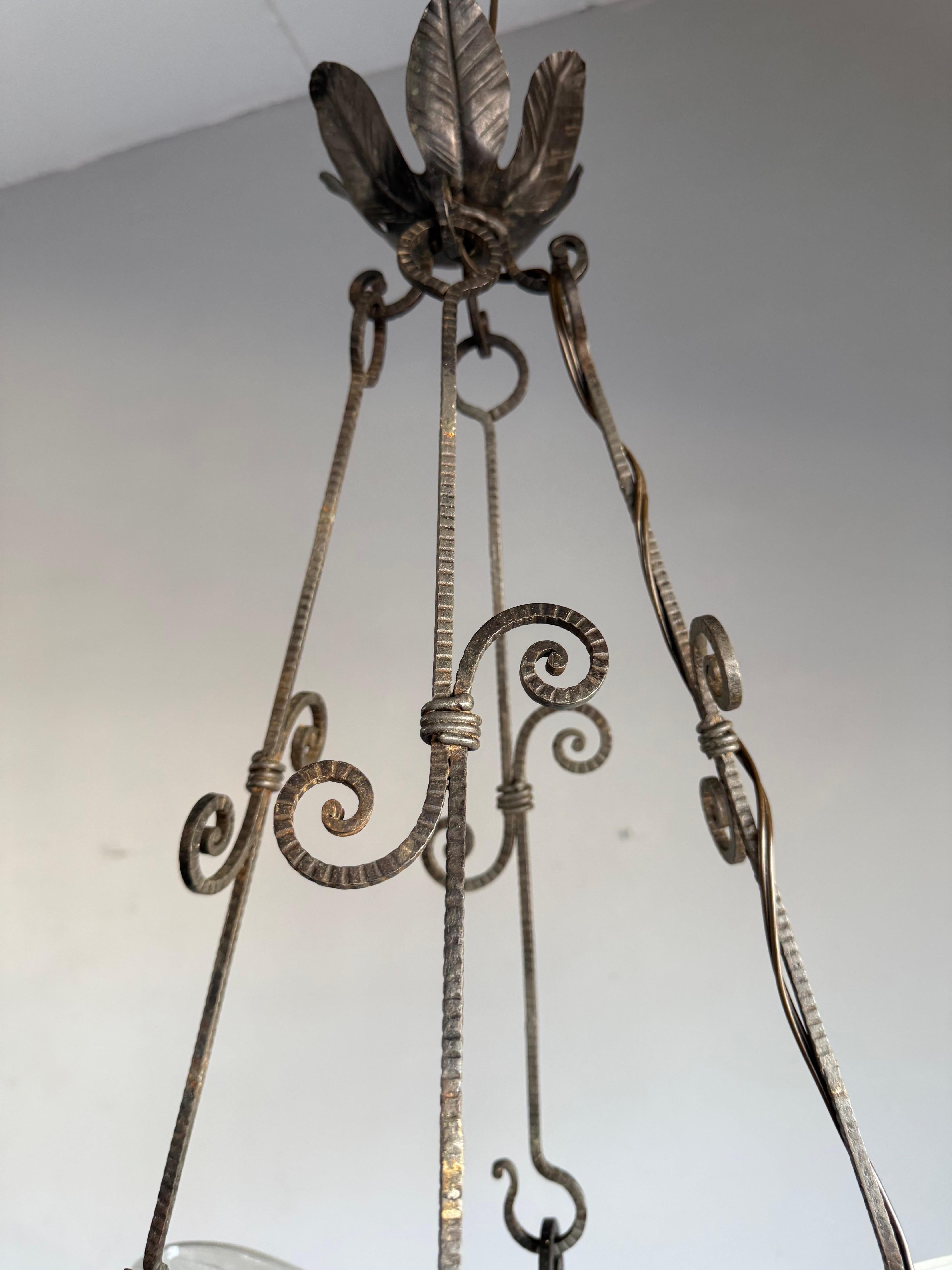 Stunning Geometrical French Art Deco Glass & Wrought iron Pendant / Chandelier For Sale 6