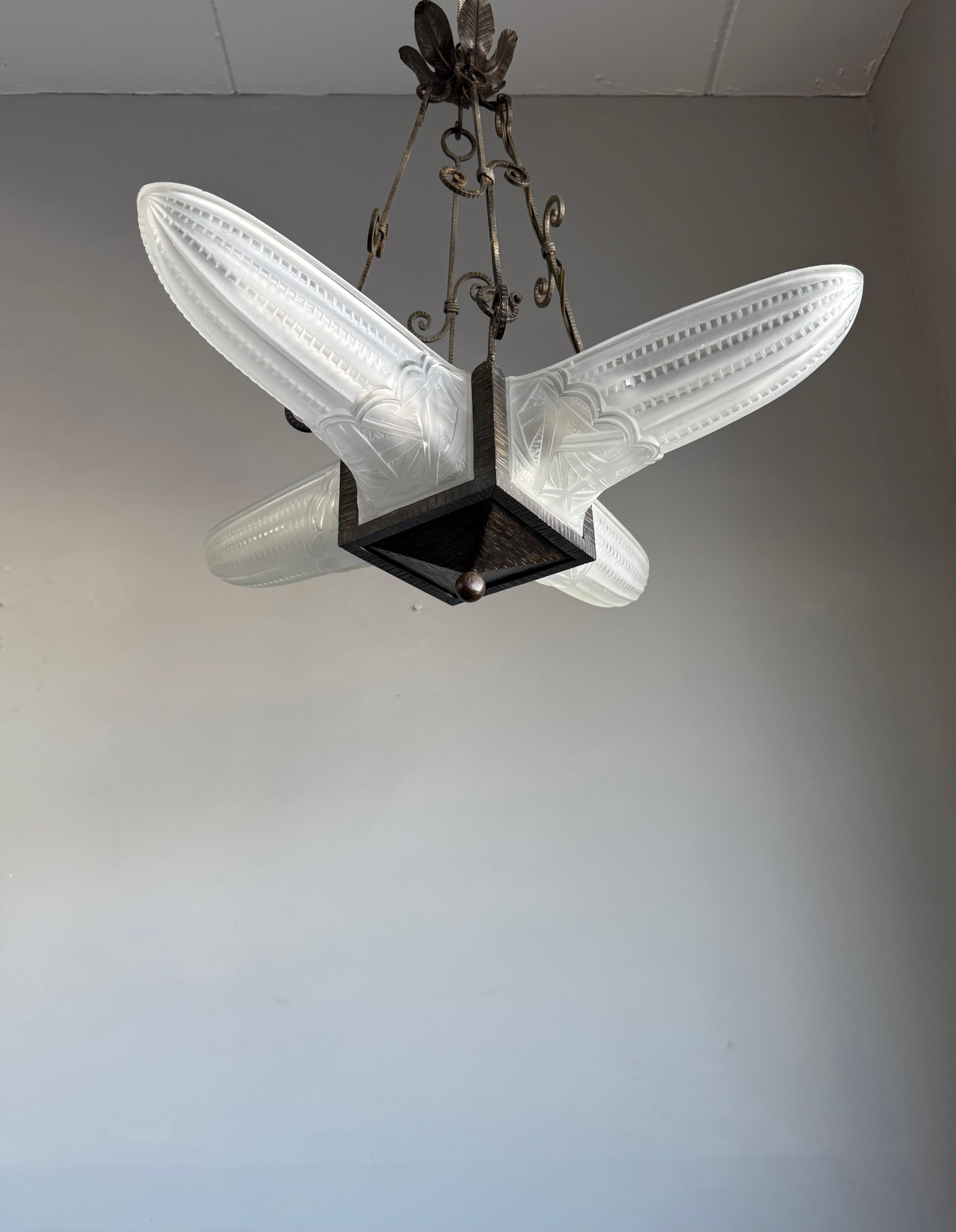 Stunning Geometrical French Art Deco Glass & Wrought iron Pendant / Chandelier For Sale 9