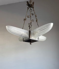 Stunning Geometrical French Art Deco Glass & Wrought iron Pendant / Chandelier
