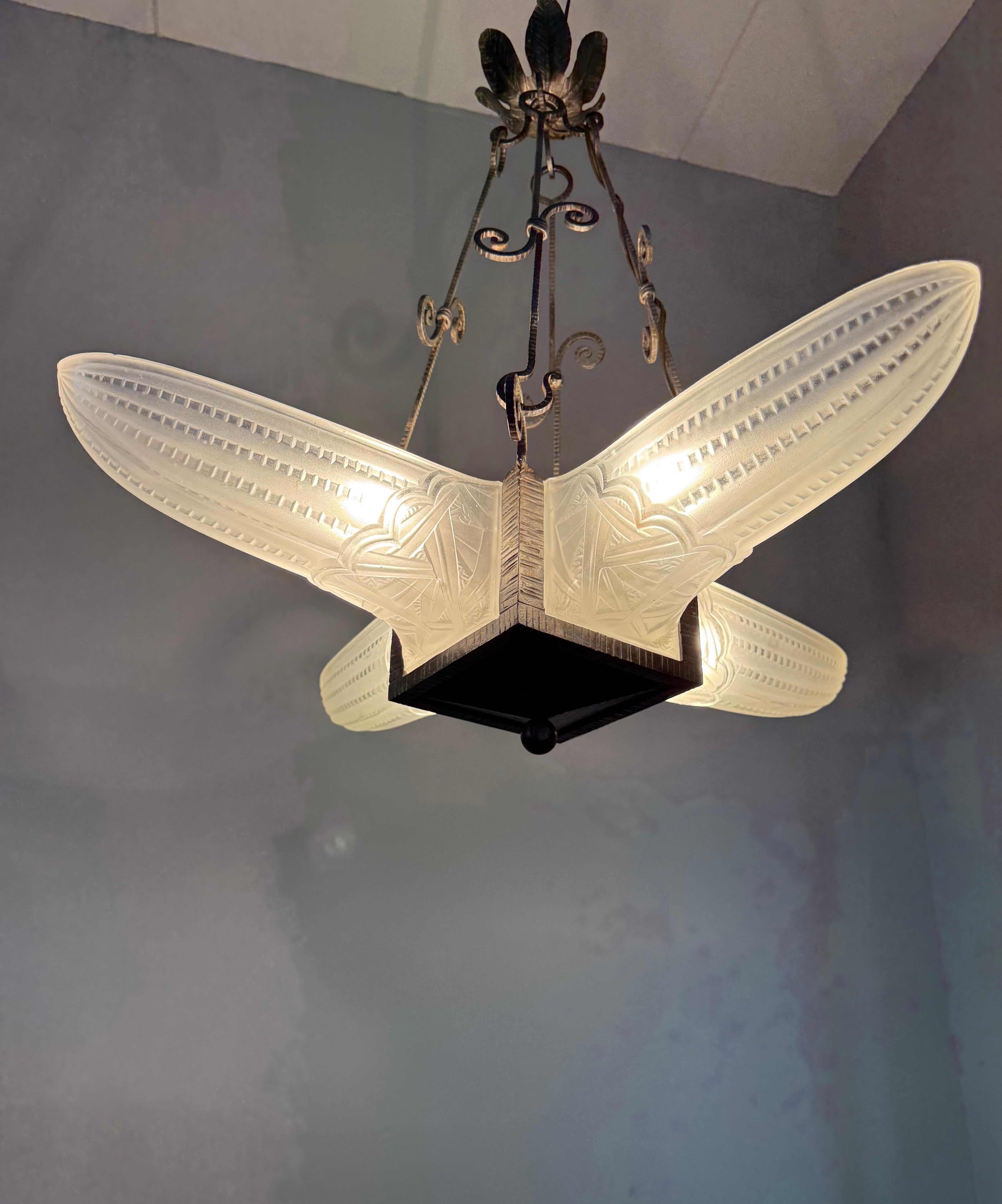 Frosted Stunning Geometrical French Art Deco Glass & Wrought iron Pendant / Chandelier For Sale