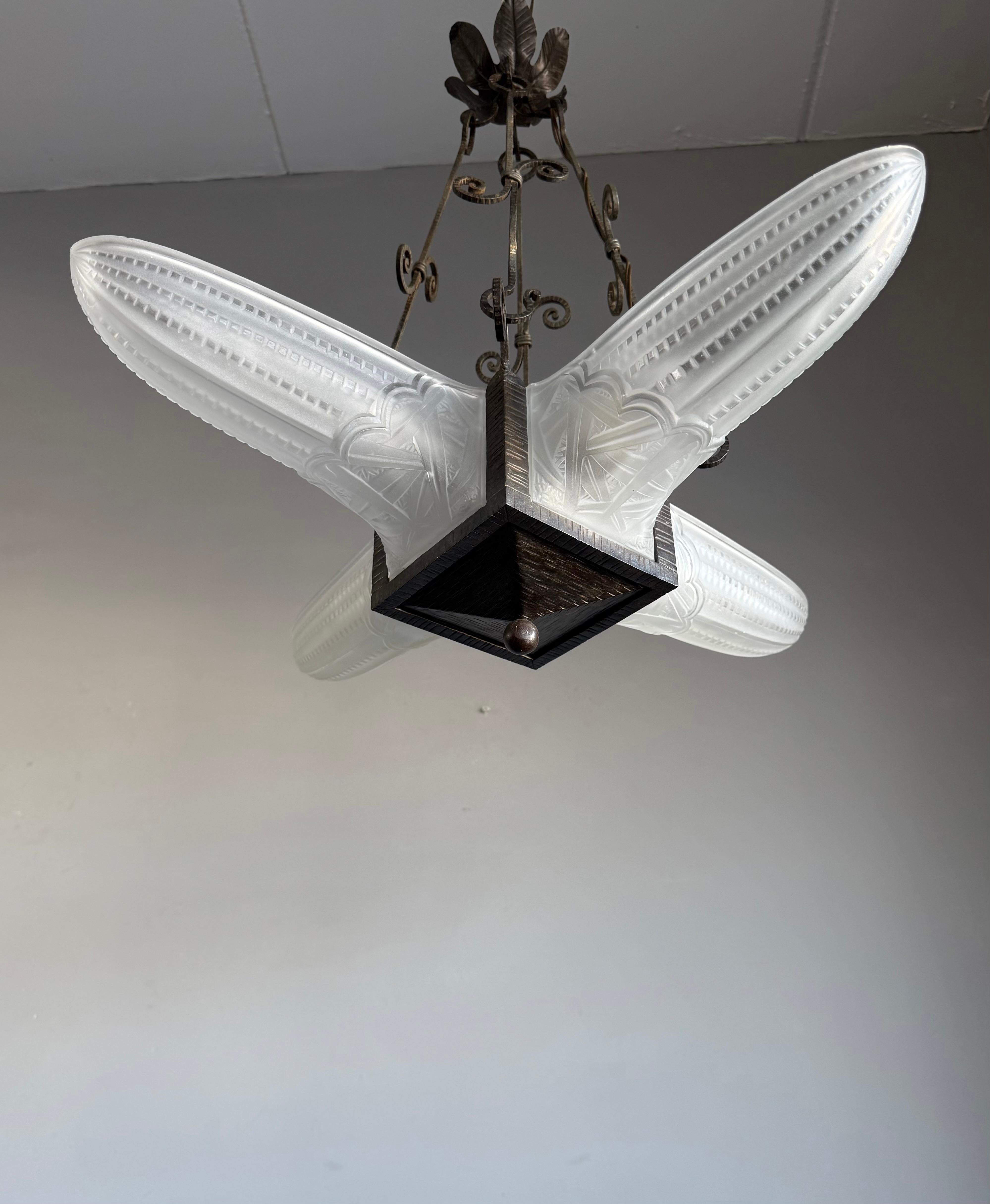 20th Century Stunning Geometrical French Art Deco Glass & Wrought iron Pendant / Chandelier For Sale