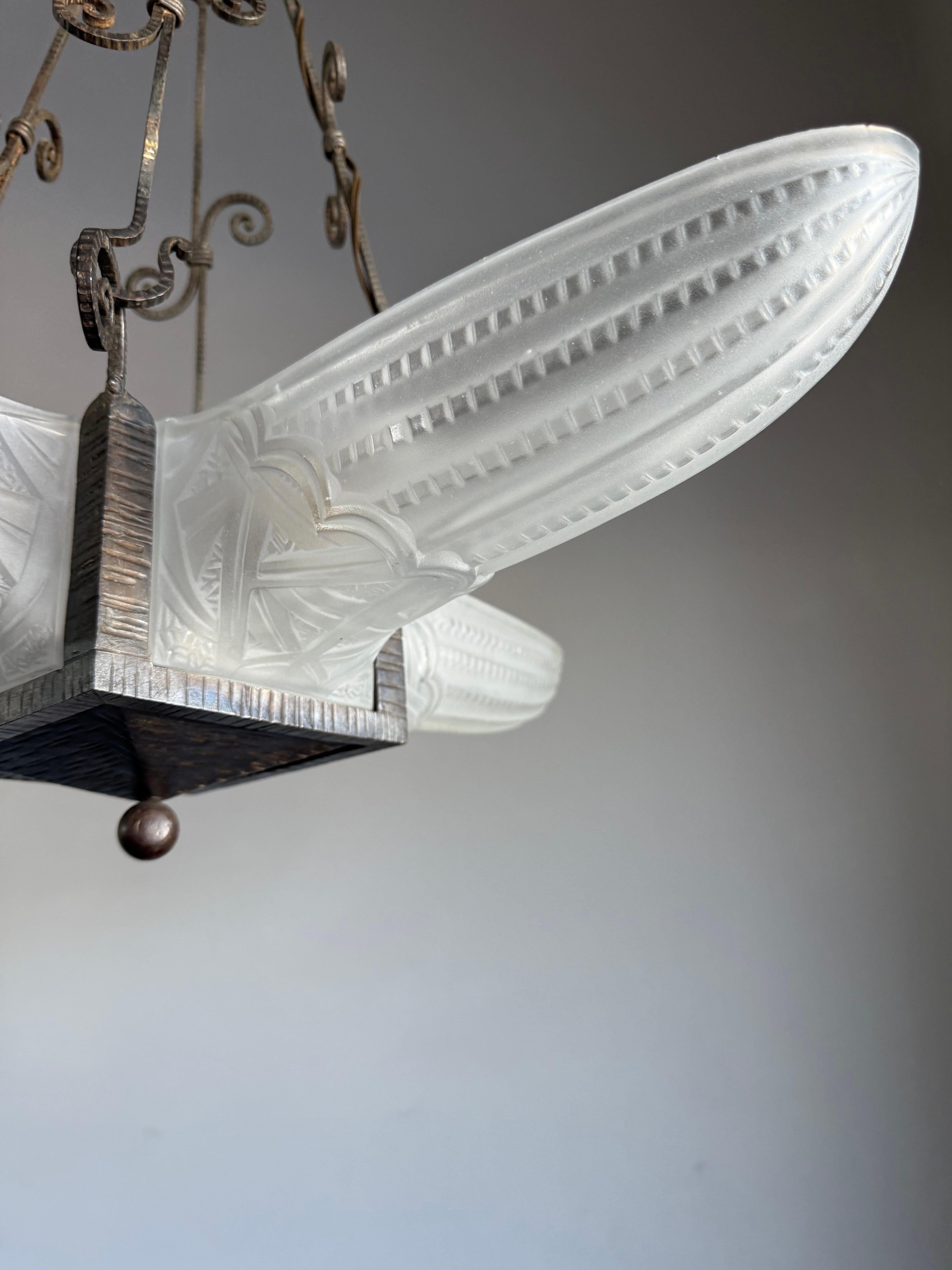 Stunning Geometrical French Art Deco Glass & Wrought iron Pendant / Chandelier For Sale 1