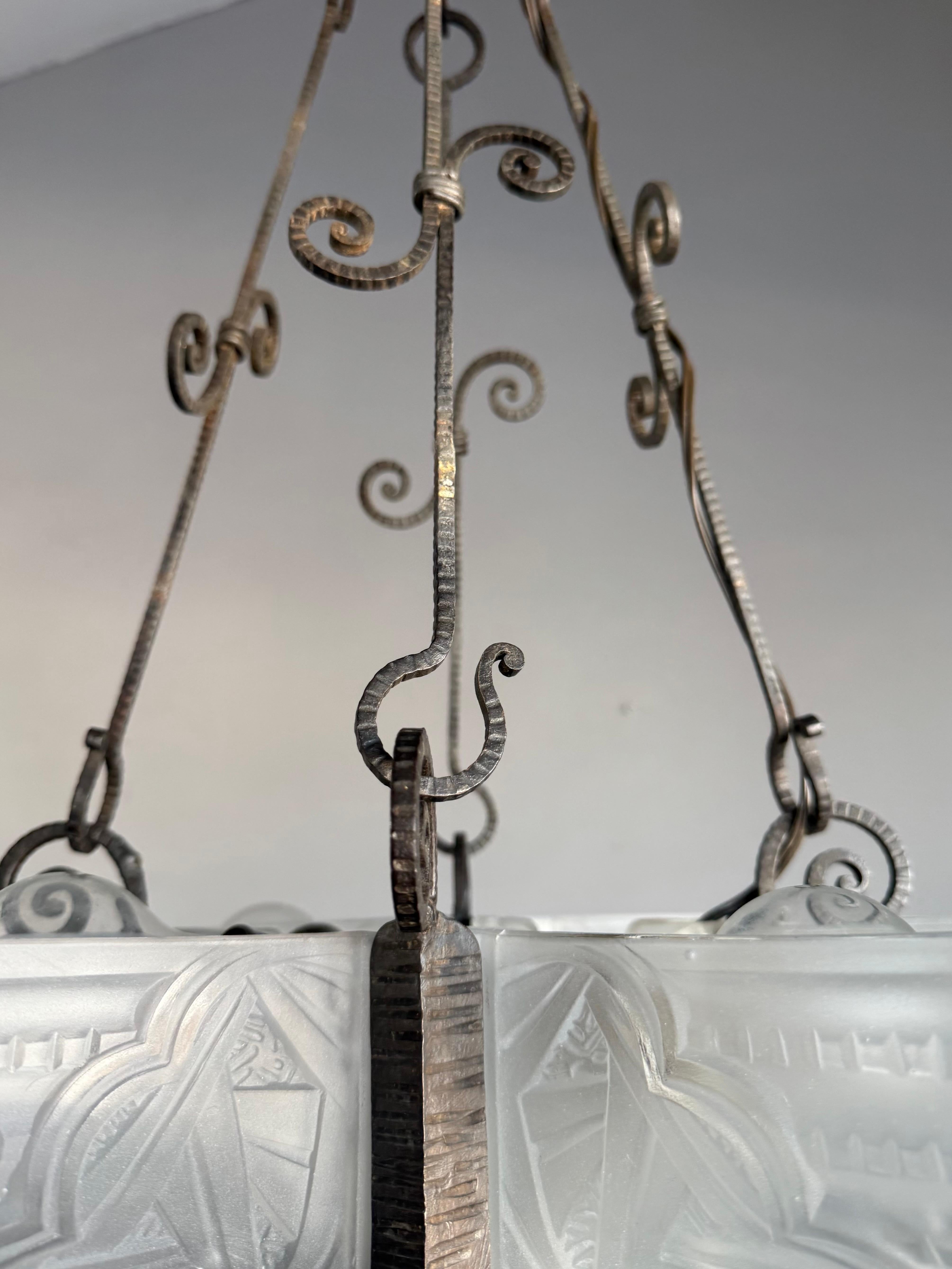 Stunning Geometrical French Art Deco Glass & Wrought iron Pendant / Chandelier For Sale 5