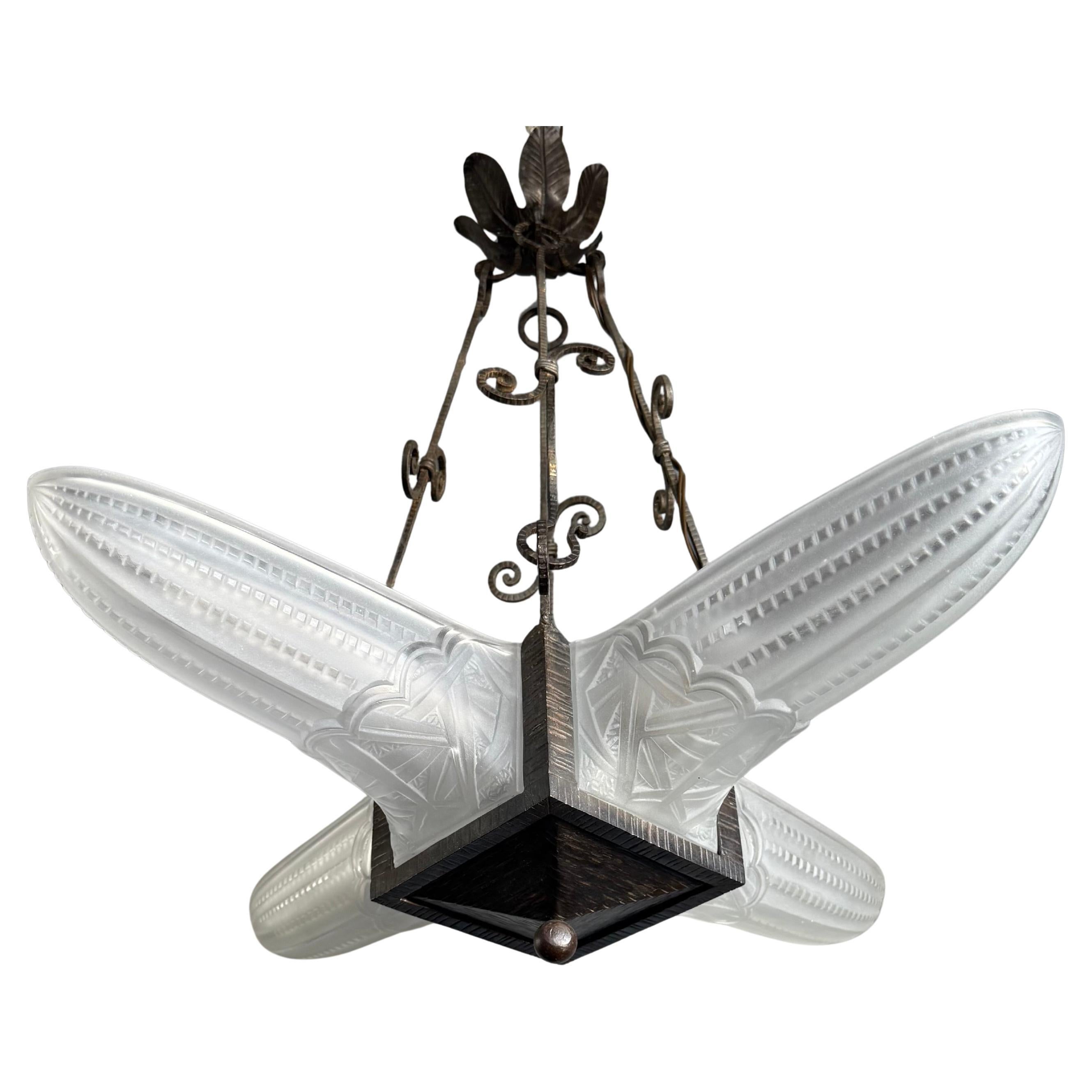 Stunning Geometrical French Art Deco Glass & Wrought iron Pendant / Chandelier For Sale