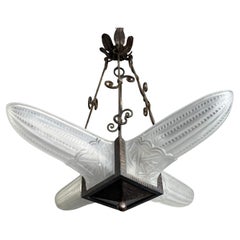 Stunning Geometrical French Art Deco Glass & Wrought iron Pendant / Chandelier