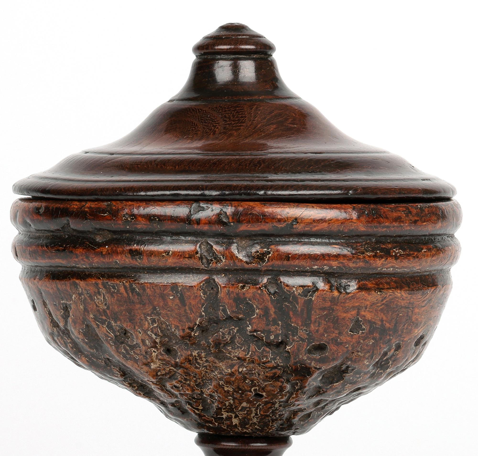 Una splendida e insolita ciotola con piedistallo in legno di radice di epoca georgiana e coperchio risalente agli inizi del XIX secolo. Il contenitore in legno duro tornito combina vari legni con un piedistallo rotondo e largo in legno duro tornito