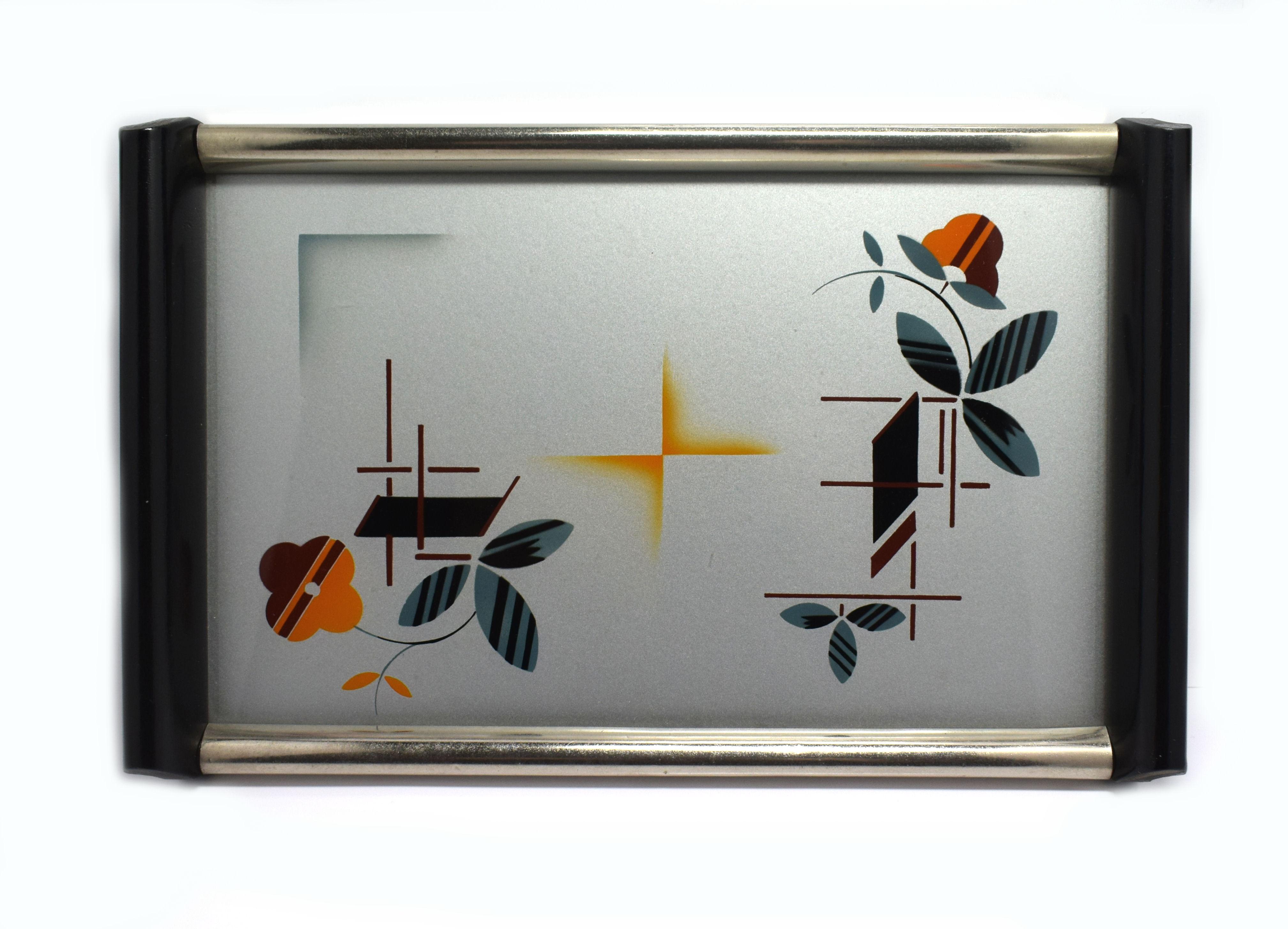 Original Art Deco cocktail tray with geometric and floral airbrushed pattern as you know it from the German Bauhaus. A real beautiful masterpiece, the geometric and floral design is reverse painted underneath the glass which is airbrushed in