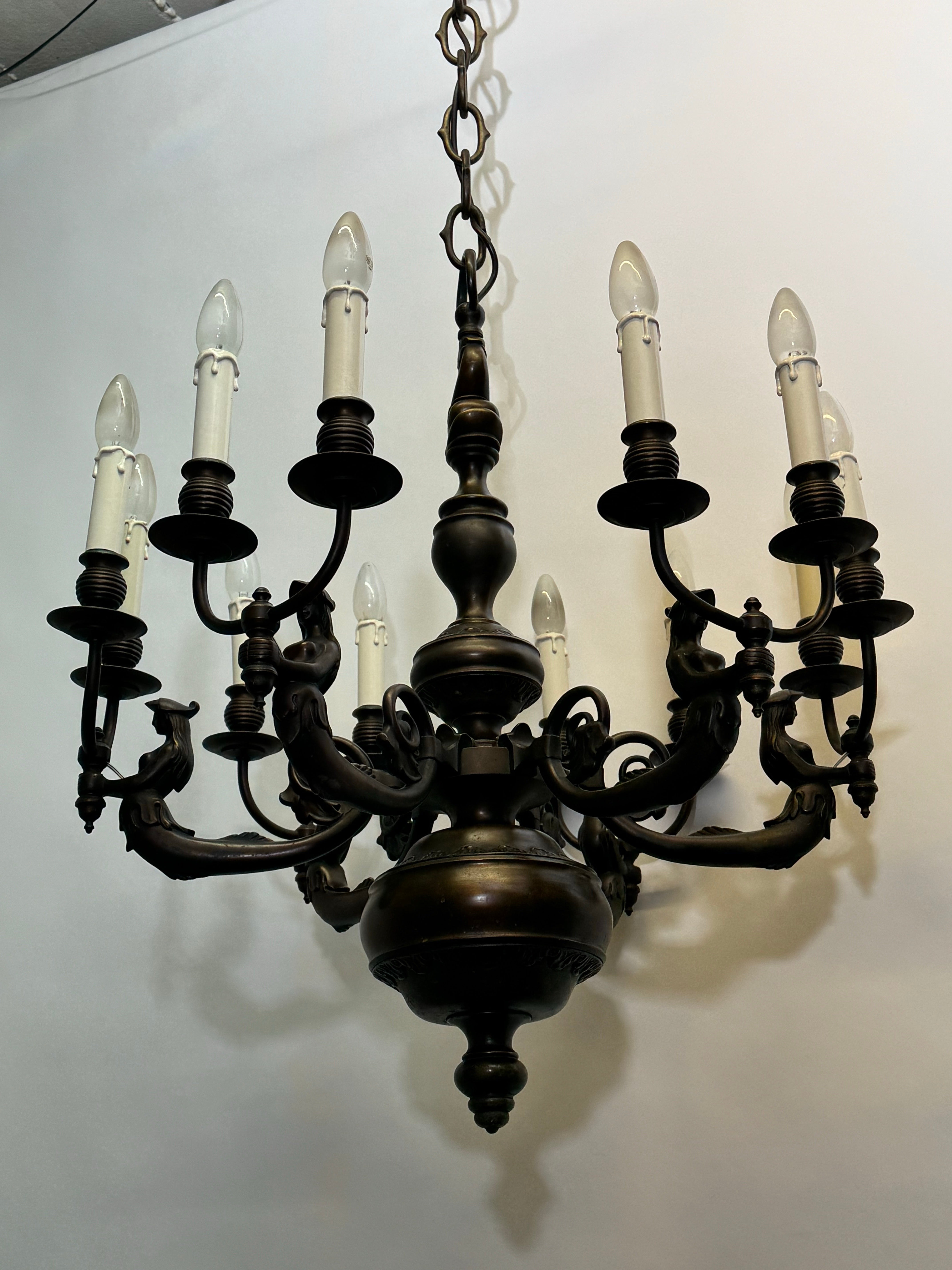Stupendo lampadario tedesco in bronzo massiccio a forma di sirene con motivo di pesce, anni '20 in vendita 7