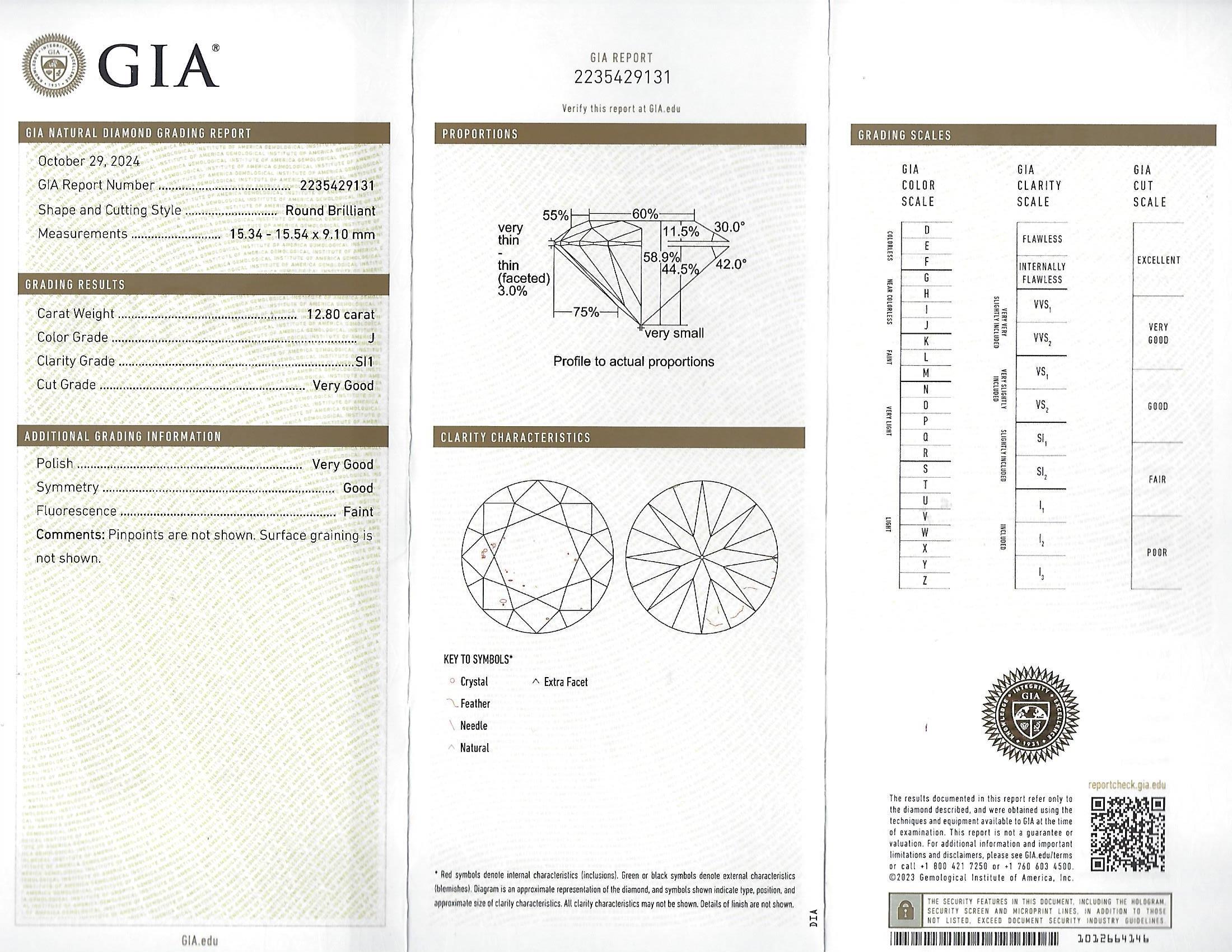 Women's or Men's Stunning GIA Certified 12.80 Carat Round Brilliant Cut Diamond J color, SI1 For Sale