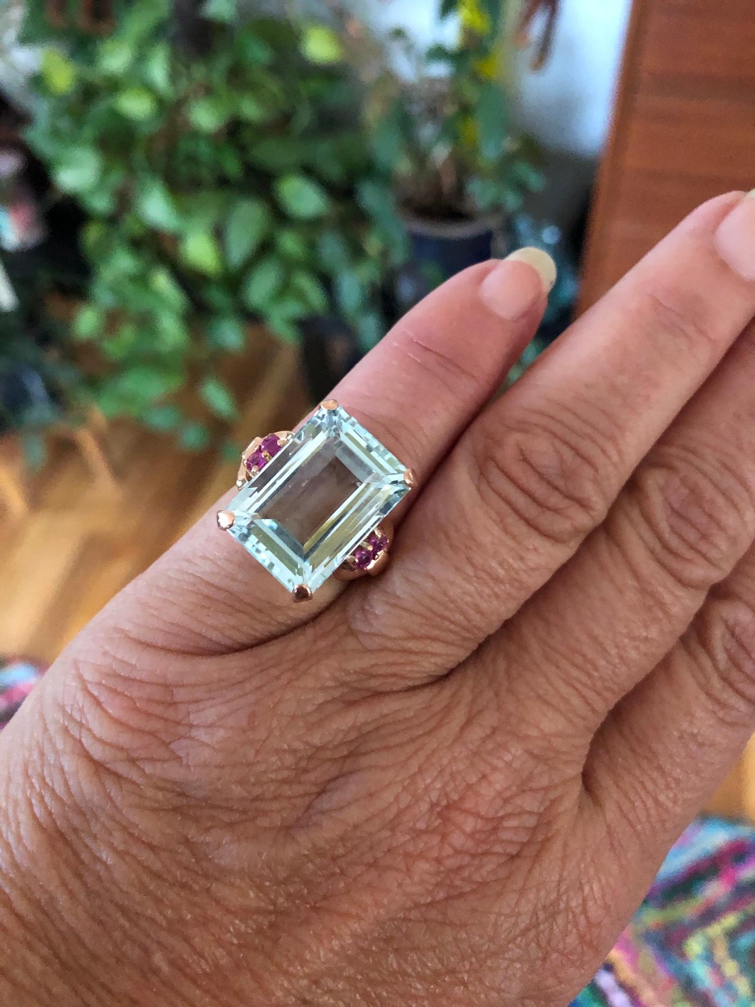 Stunning GIA Certified 16.25 Carat Emerald Cut Aquamarine Ruby 14K Gold Ring 1