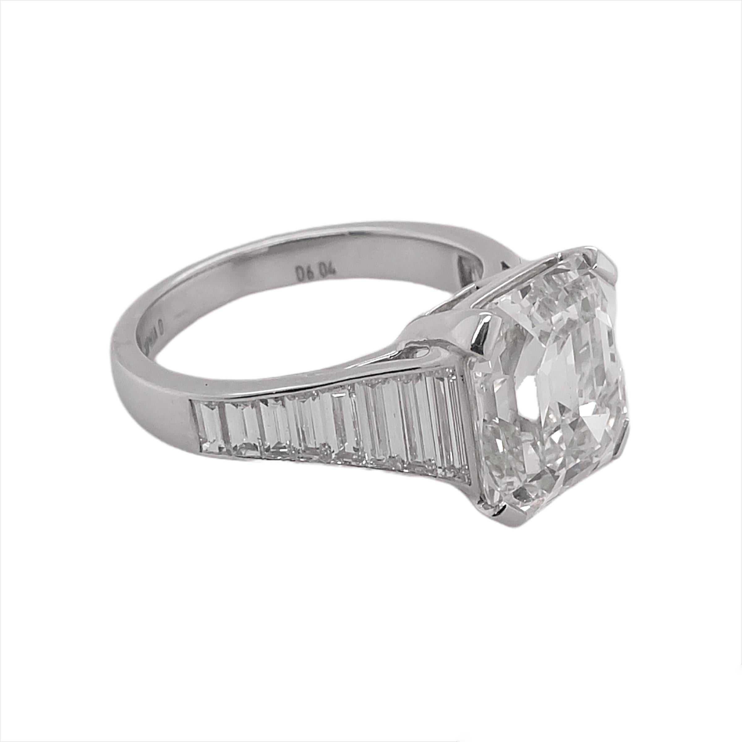 Emerald Cut Sophia D, GIA Certified 6.04 Carat Diamond Art Deco Ring set in Platinum For Sale