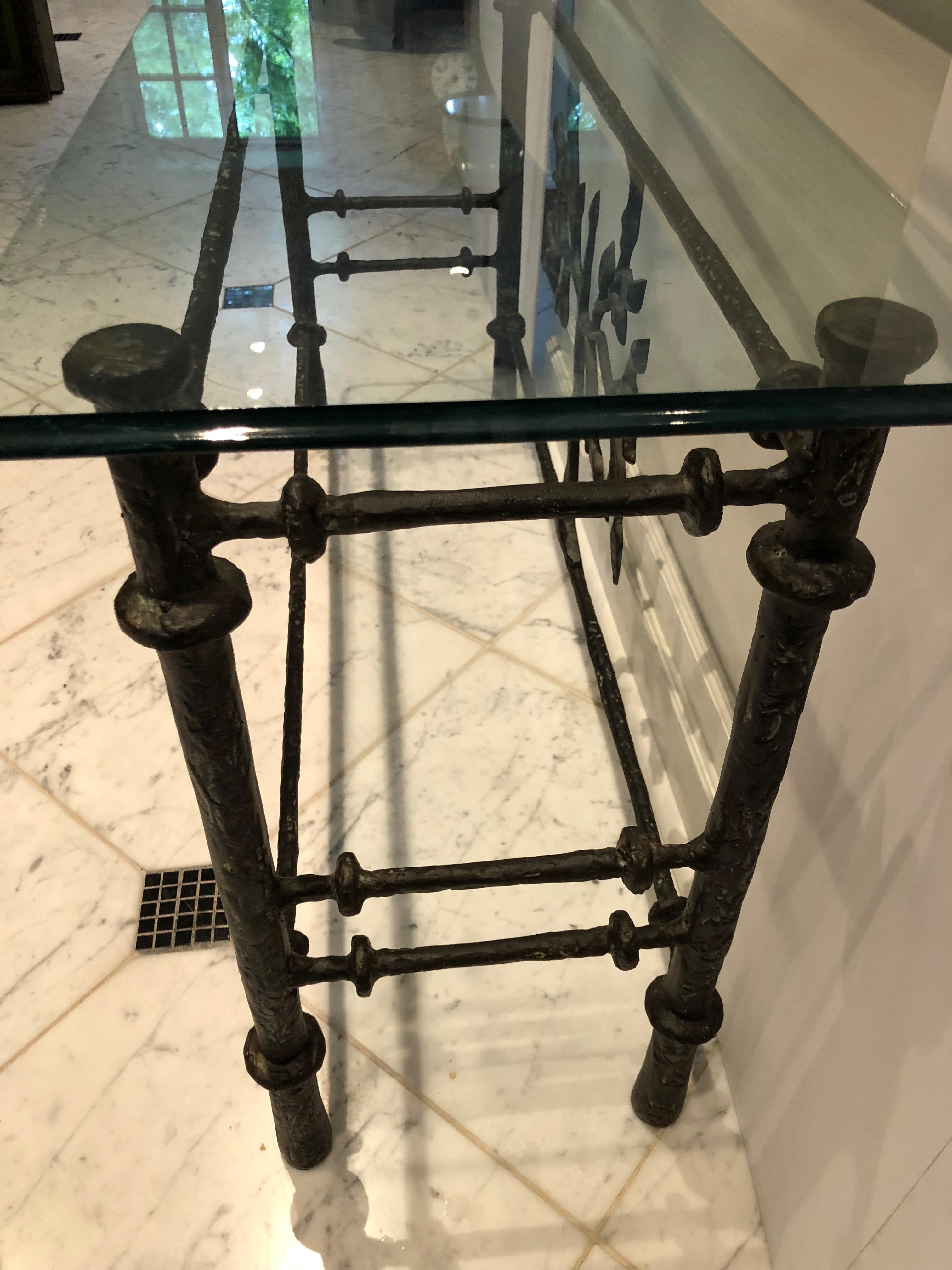 Stunning Giacometti Style Steel and Glass Console Table In Excellent Condition In Hopewell, NJ