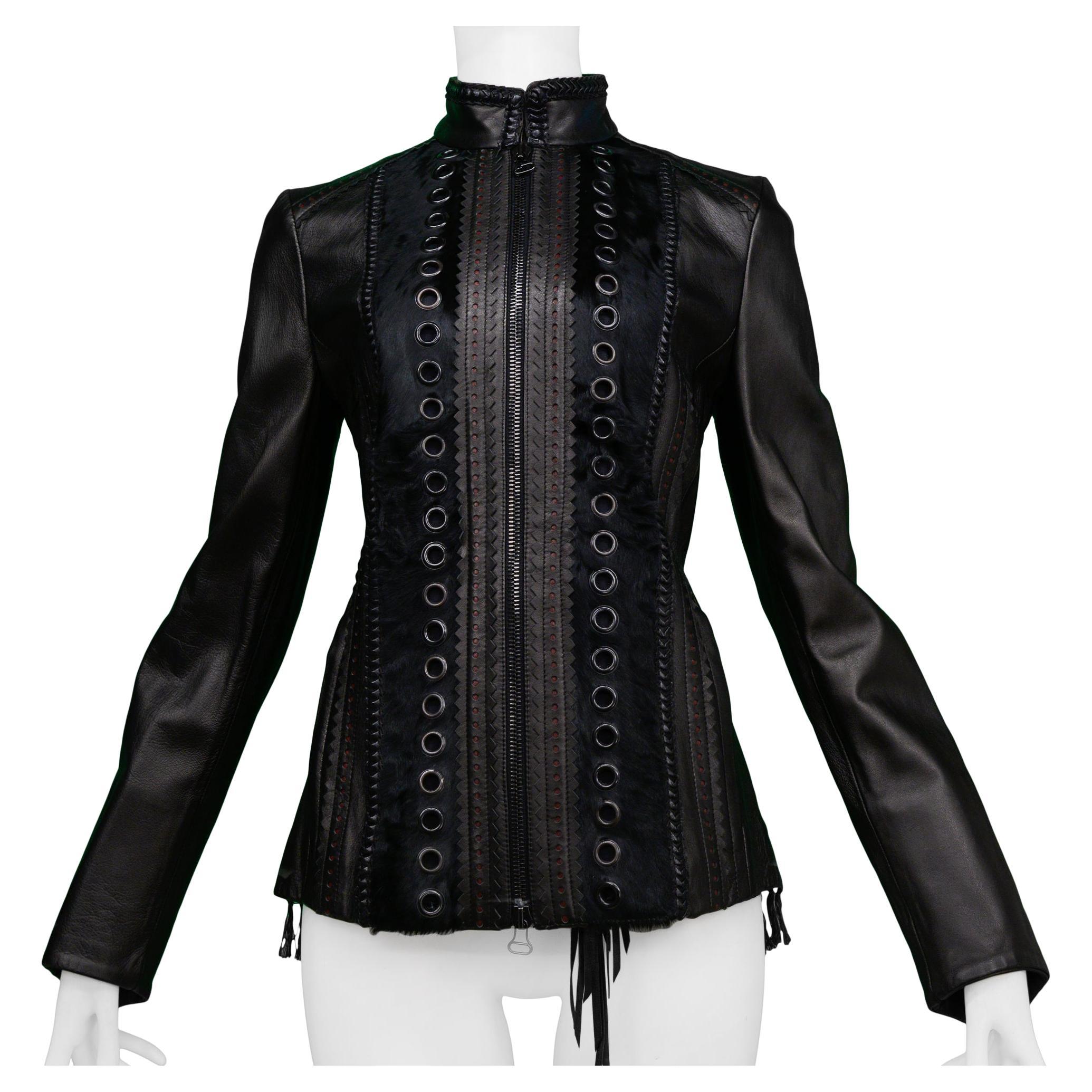 Stunning Gianfranco Ferre Black Motorcycle Leather Jacket With Fur Trim For Sale